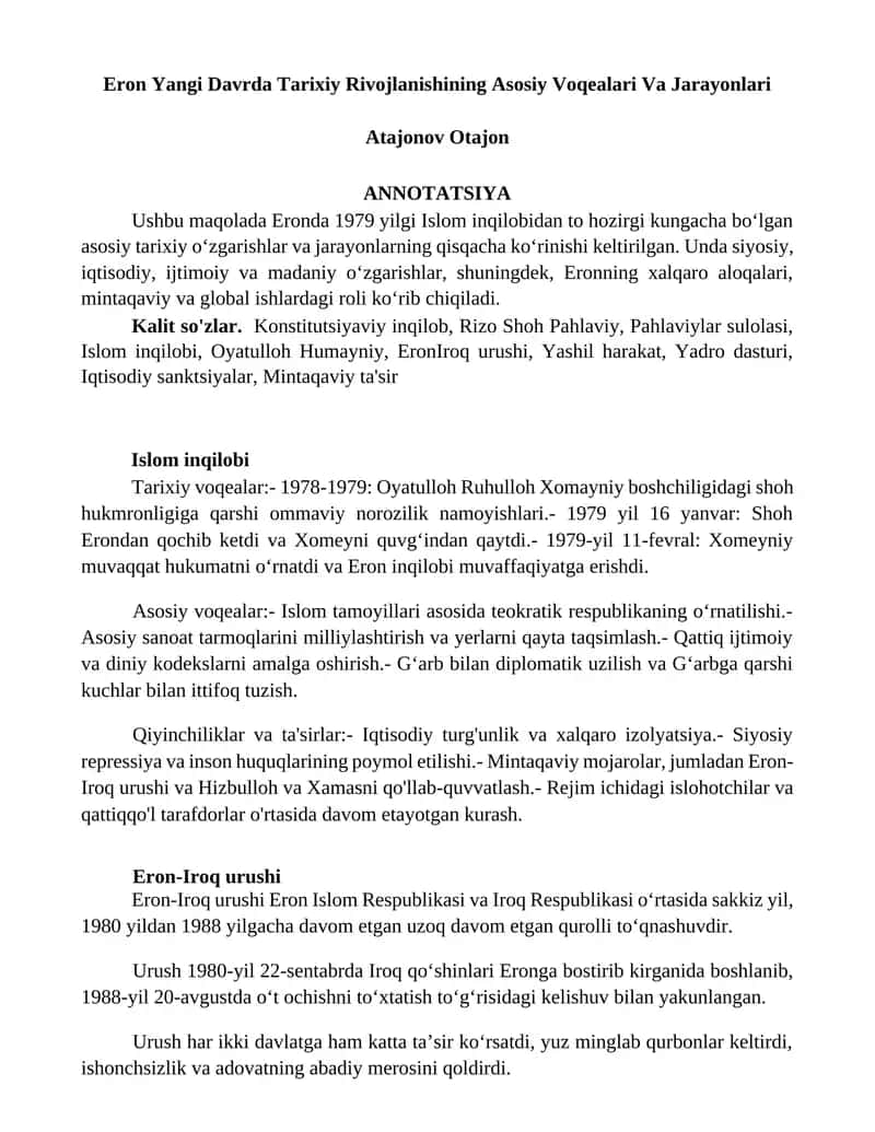 Eron Yangi Davrda Tarixiy Rivojlanishining Asosiy Voqealari Va Jarayonlari