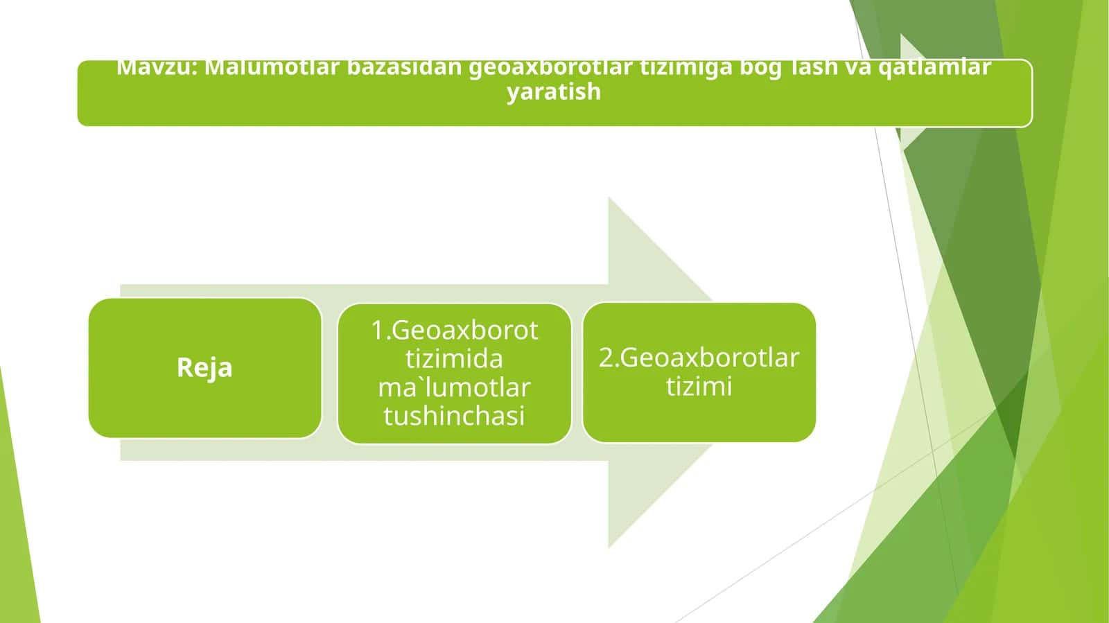 Malumotlar bazasidan geoaxborotlar tizimiga bog`lash va qatlamlar yaratish