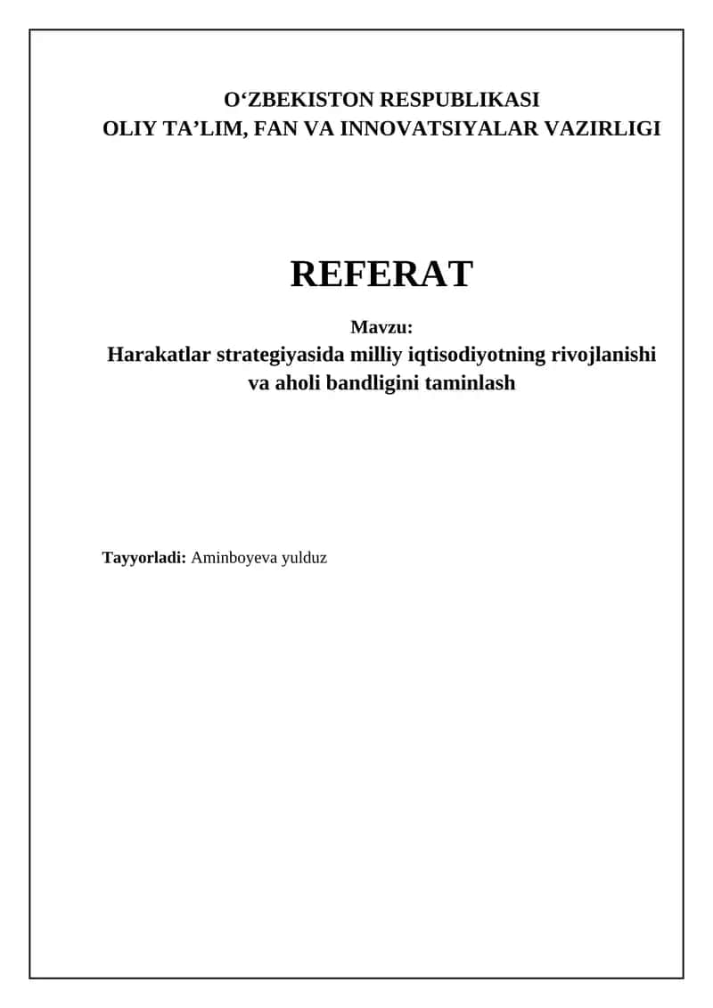 Harakatlar strategiyasi: Milliy iqtisodiyotni rivojlantirish va makroiqtisodiy barqarorlik