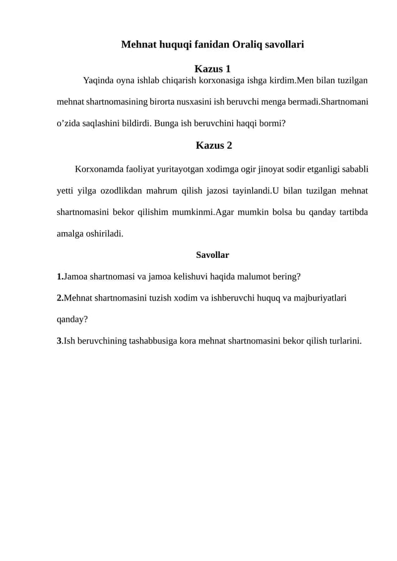 Mehnat huquqi fanidan Oraliq savollari