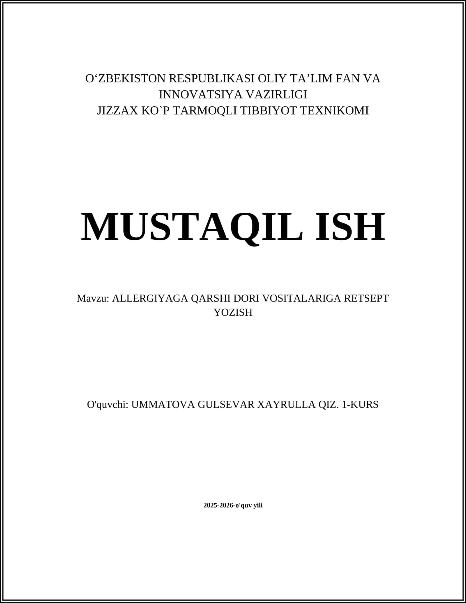 ALLERGIYAGA QARSHI DORI VOSITALARIGA RETSEPT YOZISH