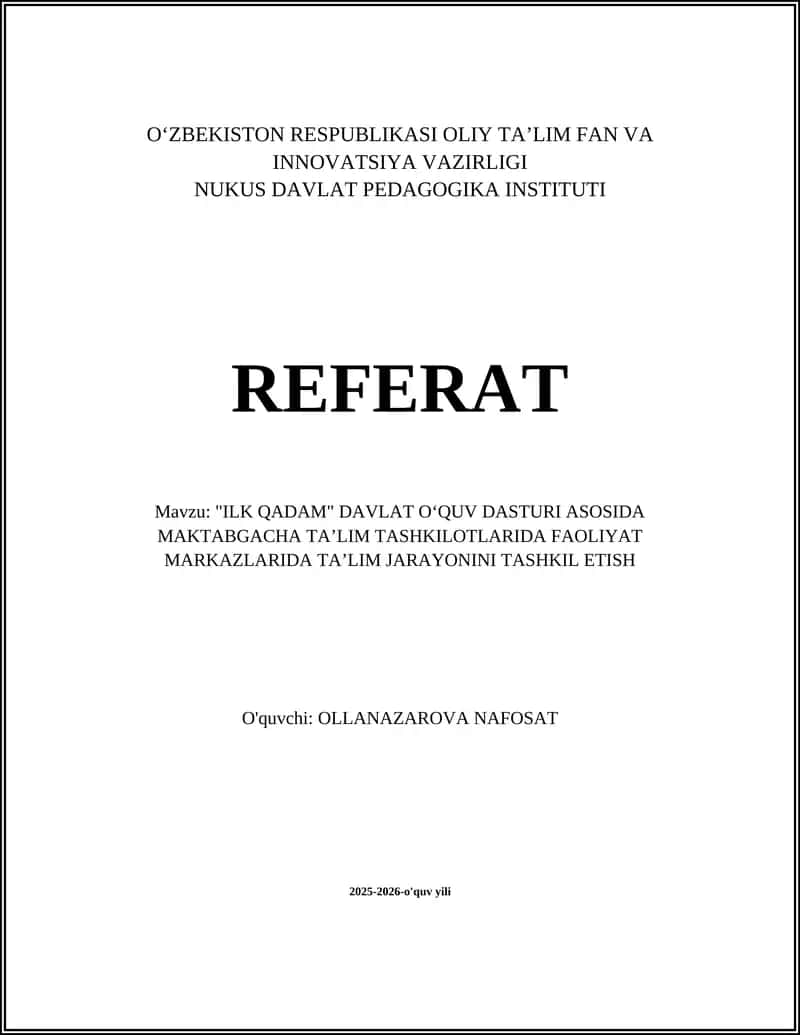 "ILK QADAM" DAVLAT OʻQUV DASTURI