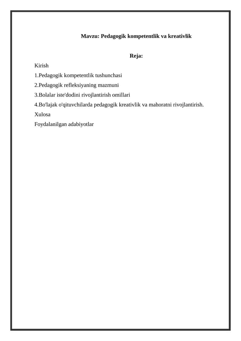 Pedagogik kompetentlik va kreativlik
