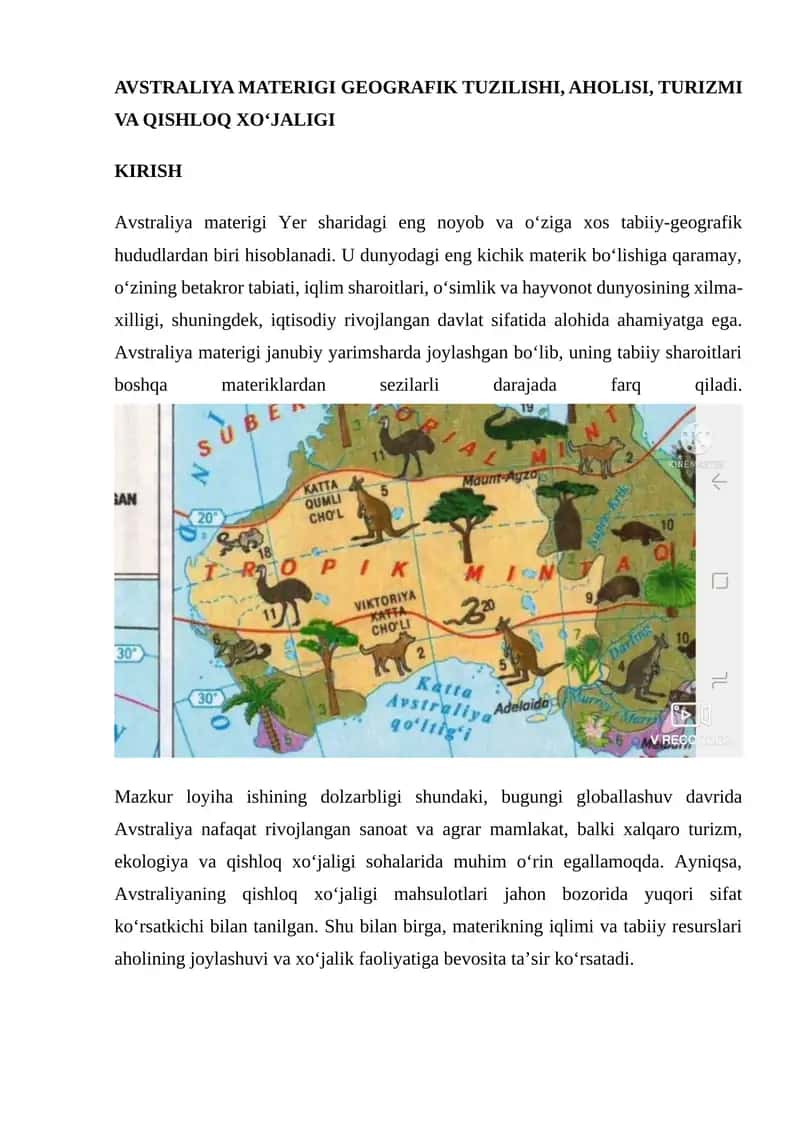 AVSTRALIYA MATERIGI GEOGRAFIK TUZILISHI, AHOLISI, TURIZMI VA QISHLOQ XO‘JALIGI