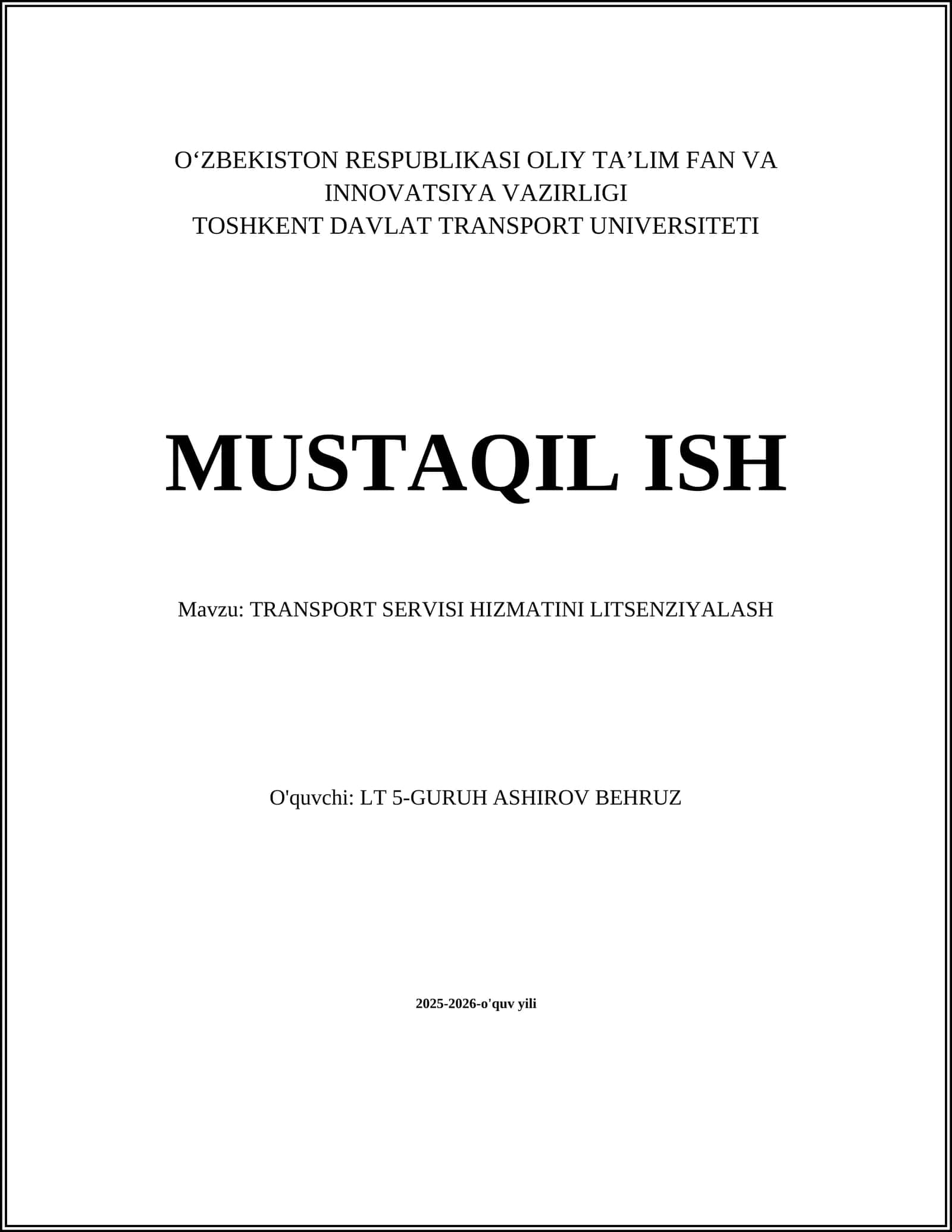 TRANSPORT SERVISI HIZMATINI LITSENZIYALASH