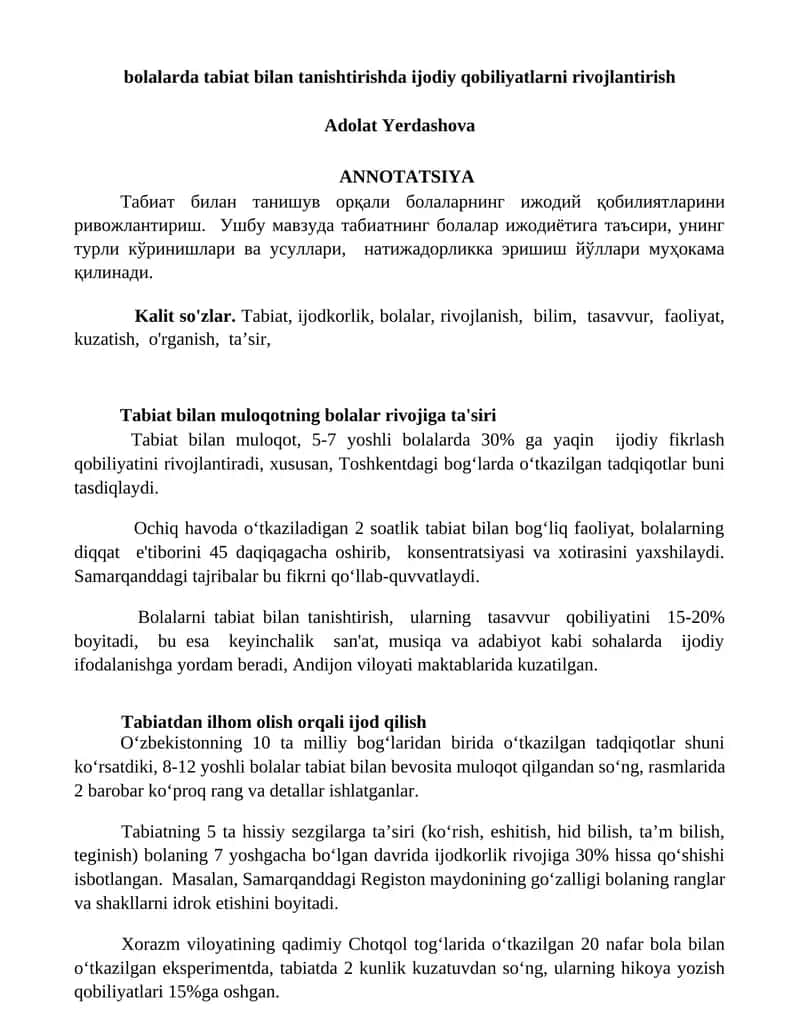 Bolalarda tabiat bilan tanishtirishda ijodiy qobiliyatlarni rivojlantirish