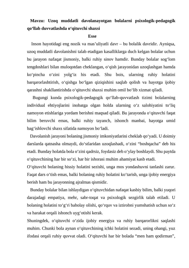 Uzoq muddatli davolanayotgan bolalarni psixologik-pedagogik qo‘llab duvvatlash