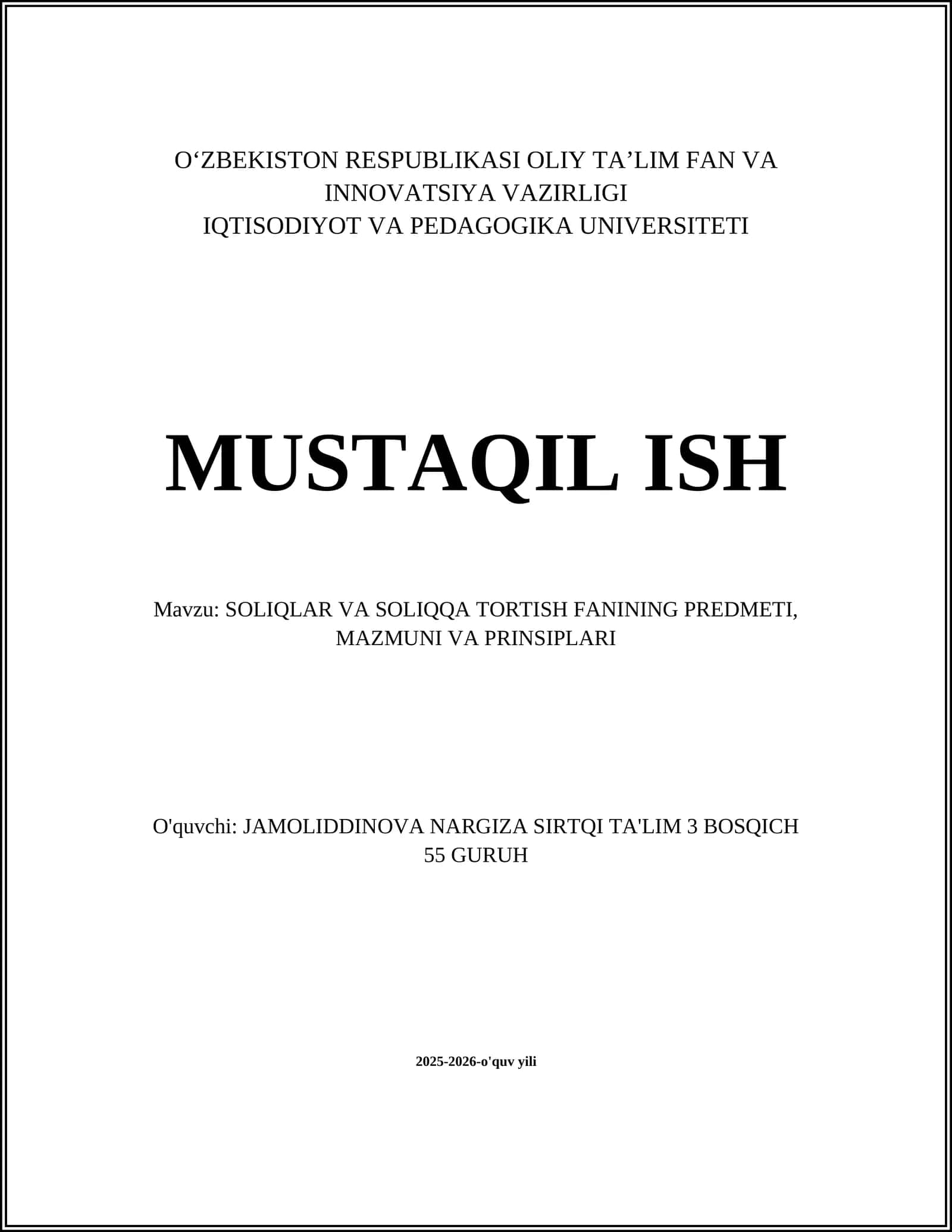SOLIQLAR VA SOLIQQA TORTISH FANINING PREDMETI, MAZMUNI VA PRINSIPLARI