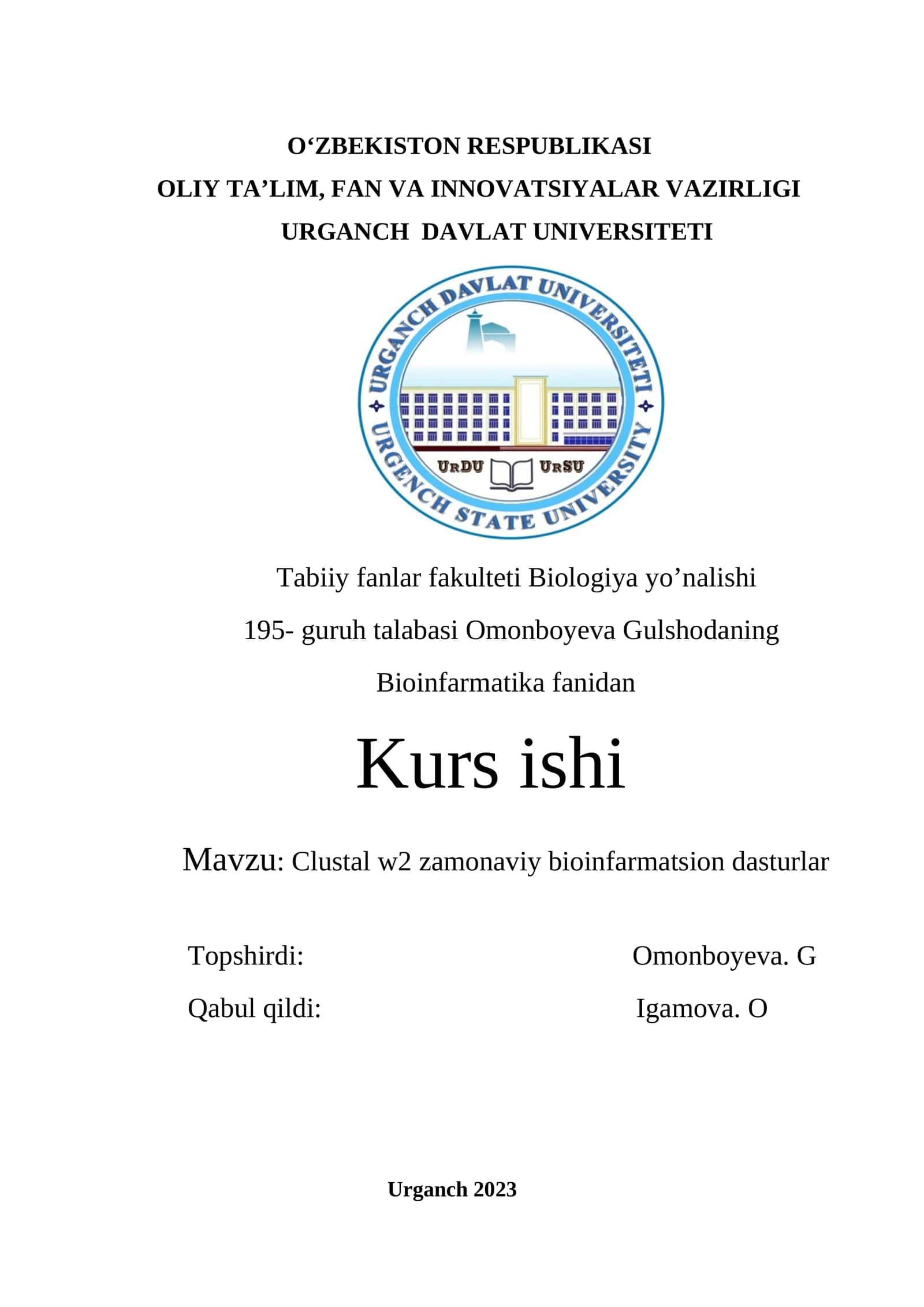 ClustalW2 zamonaviy bioinfarmatika dasturi
