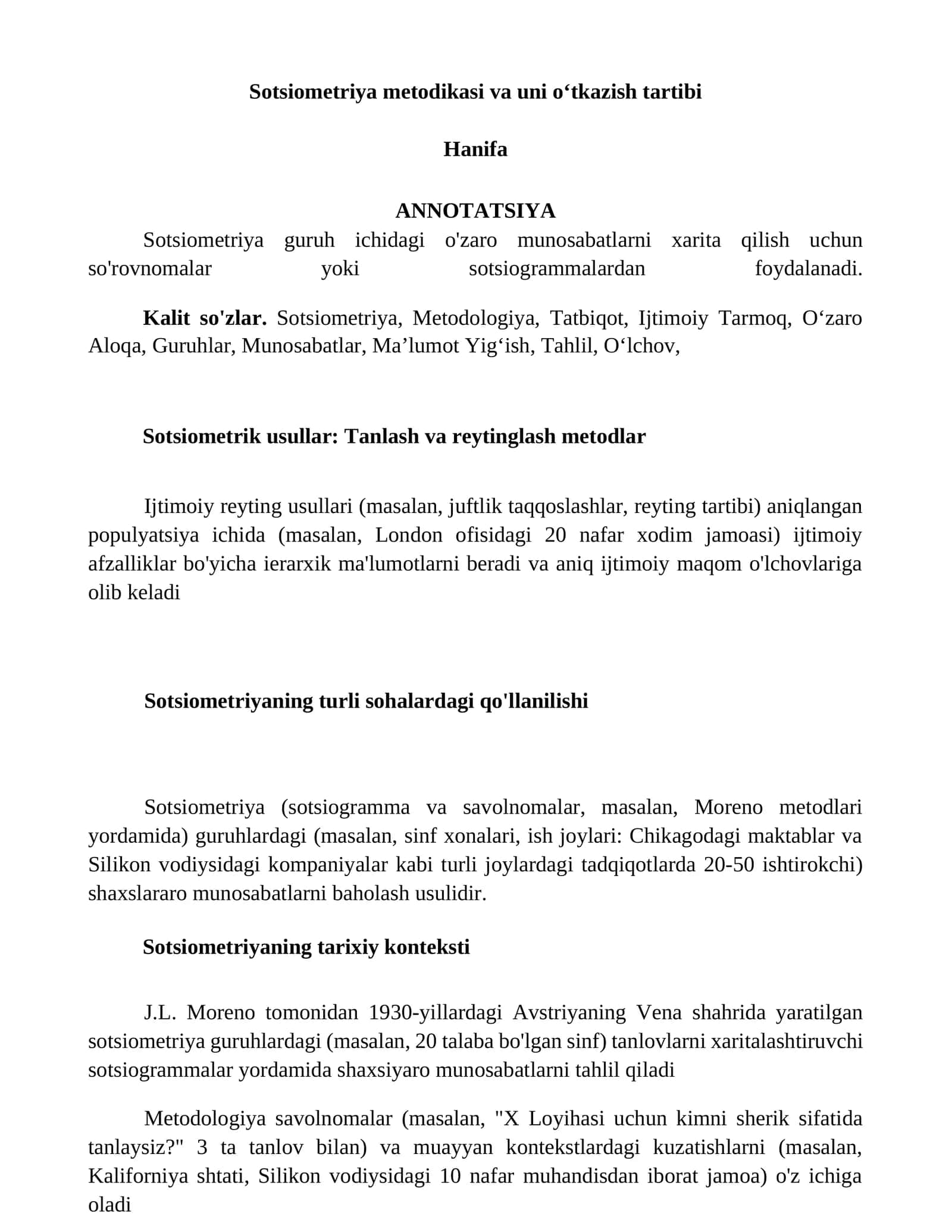 Sotsiometriya metodikasi va uni oʻtkazish tartibi