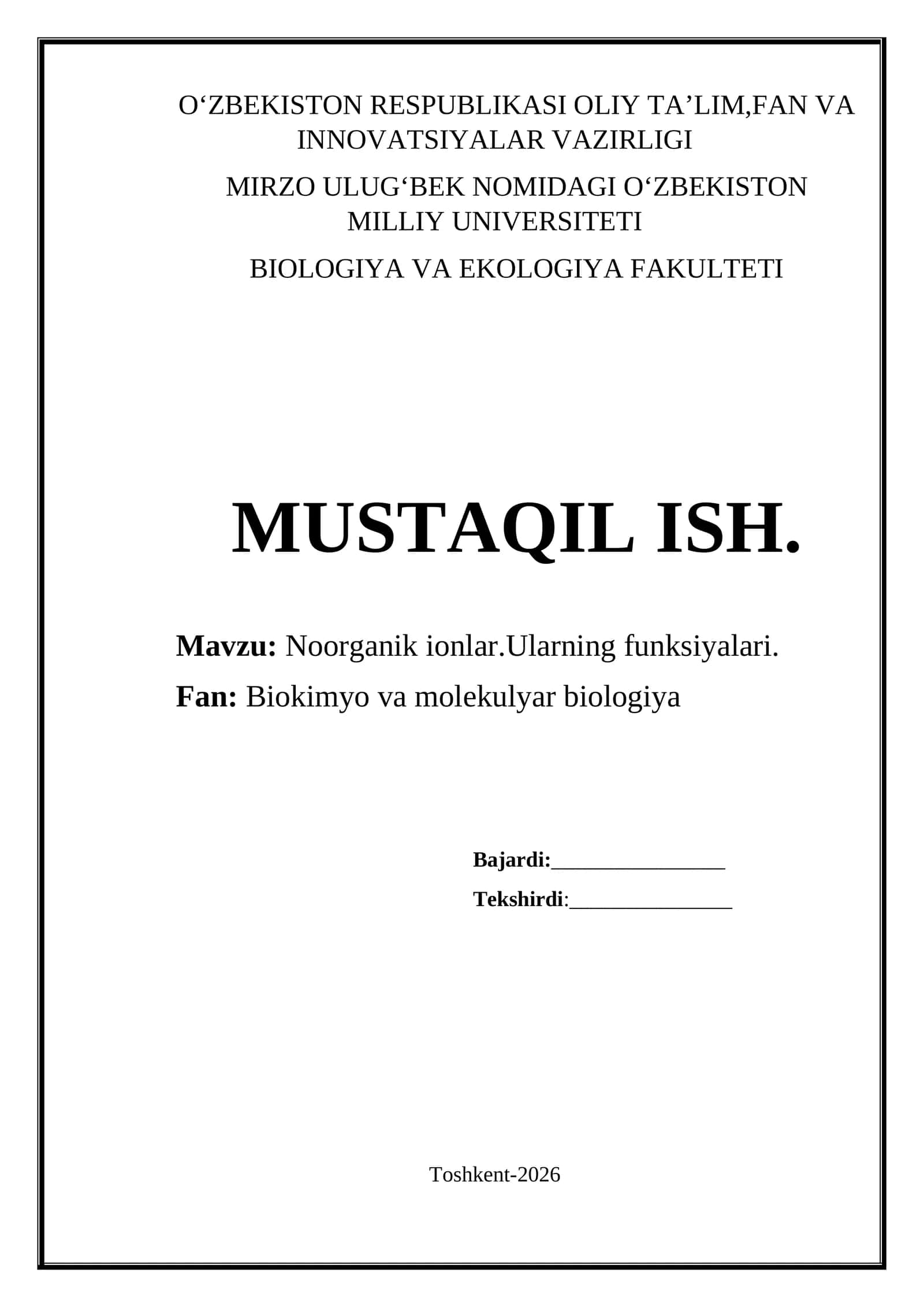 Noorganik ionlar.Ularning funksiyalari