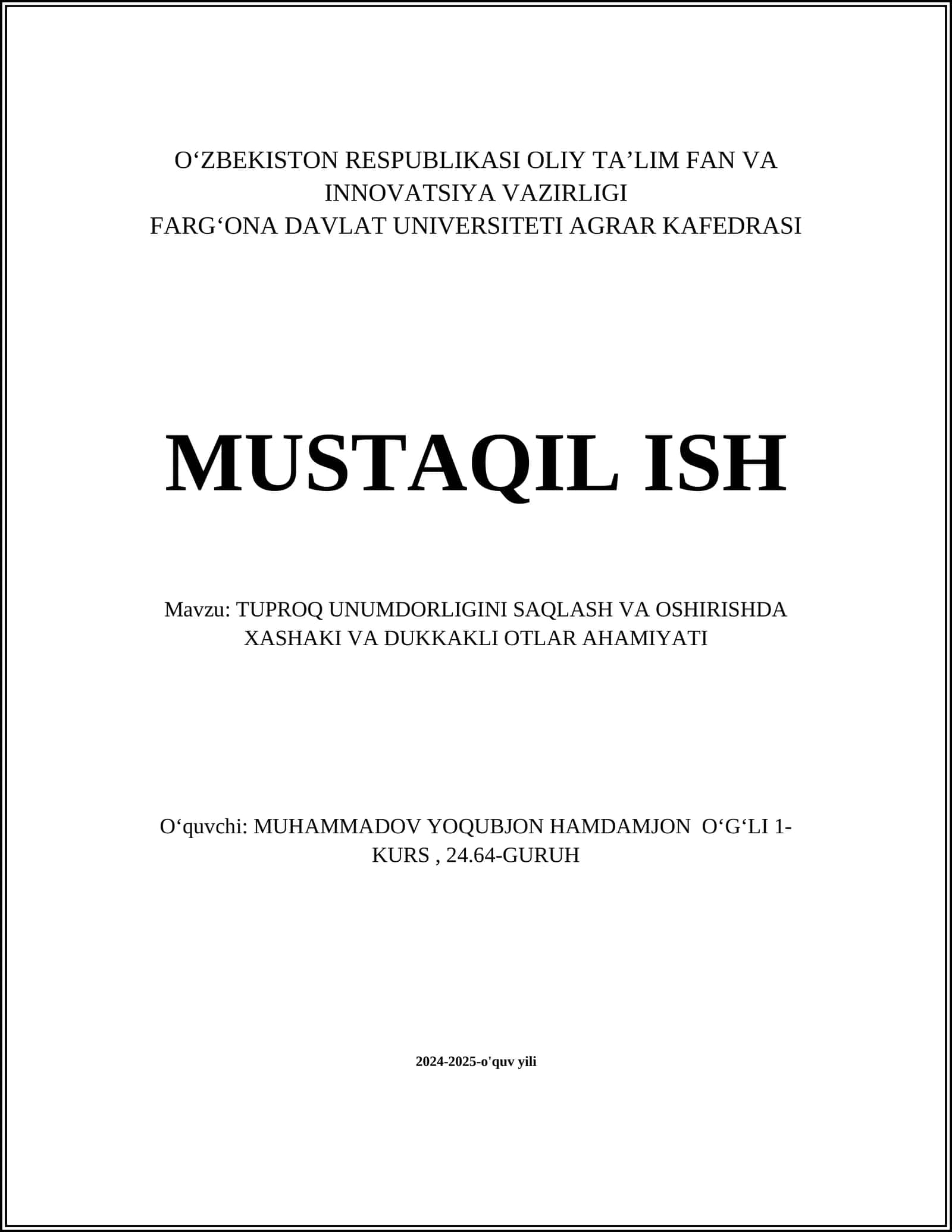 Tuproq unumdorligini saqlash va oshirishda xashaki va dukkakli otlar ahamiyati