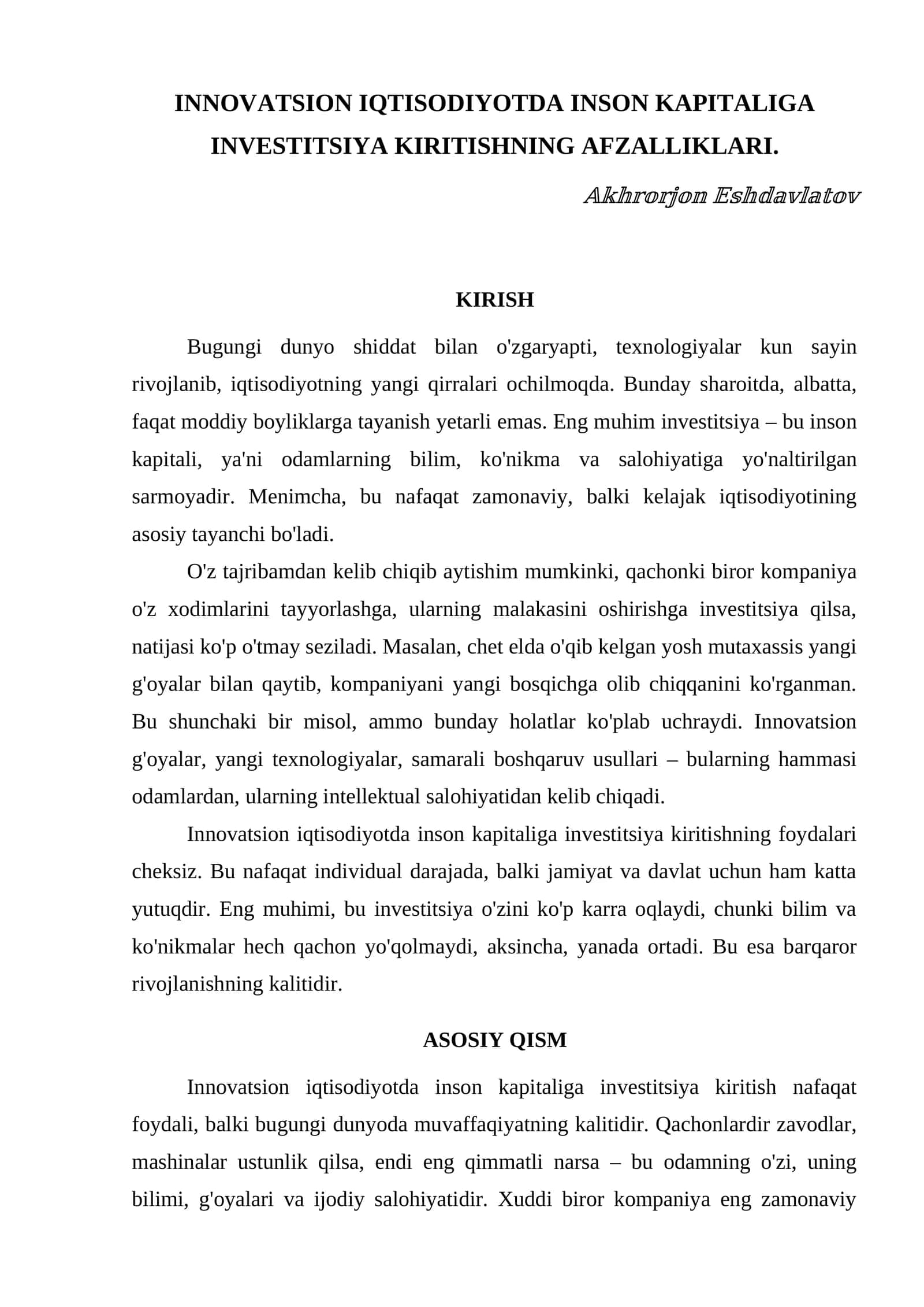 INNOVATSION IQTISODIYOTDA INSON KAPITALIGA INVESTITSIYA KIRITISHNING AFZALLIKLARI