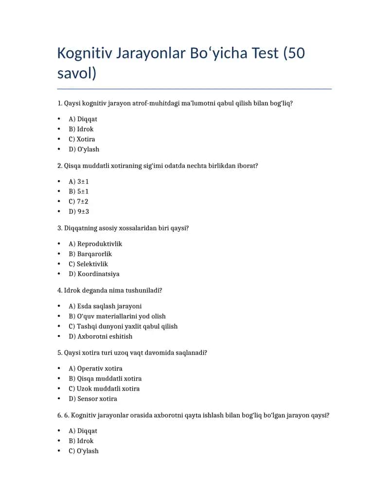 Kognitiv Jarayonlar Bo‘yicha Test (50 savol)