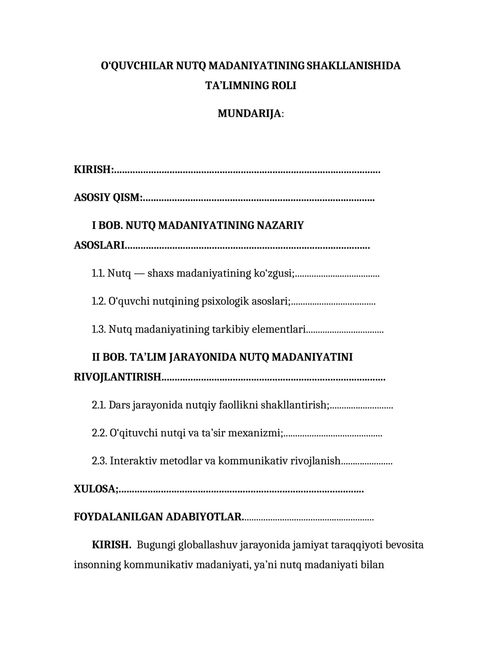O‘QUVCHILAR NUTQ MADANIYATINING SHAKLLANISHIDA TA’LIMNING ROLI