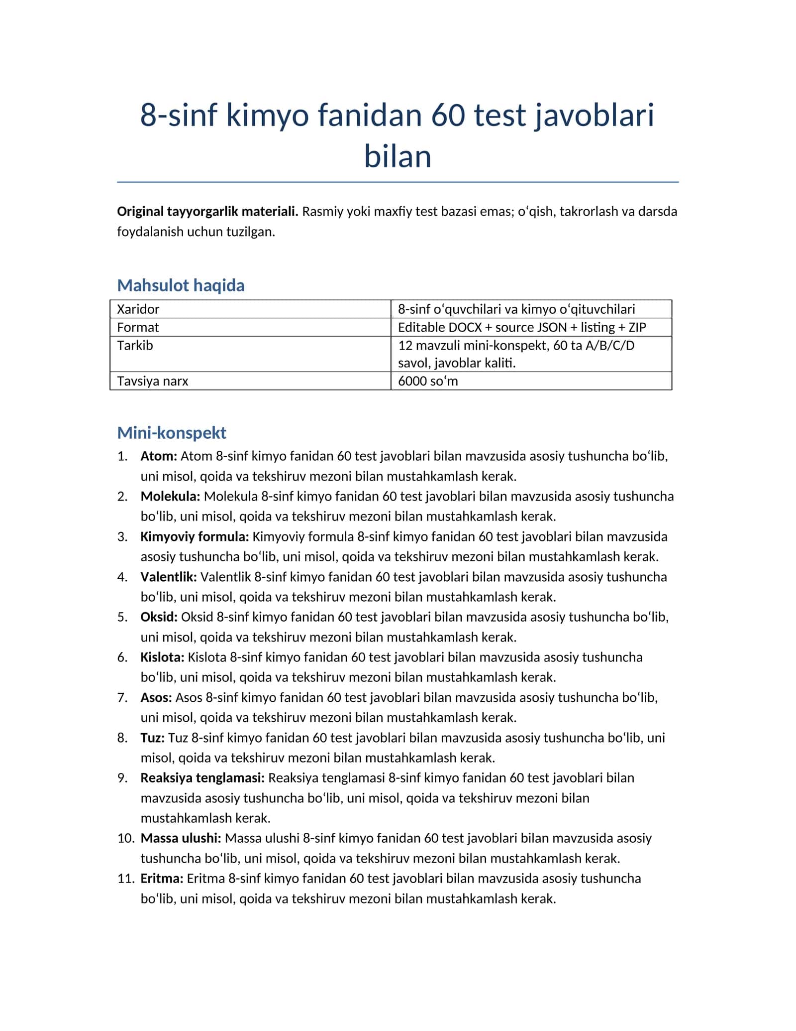 8-sinf kimyo fanidan 60 test javoblari bilan
