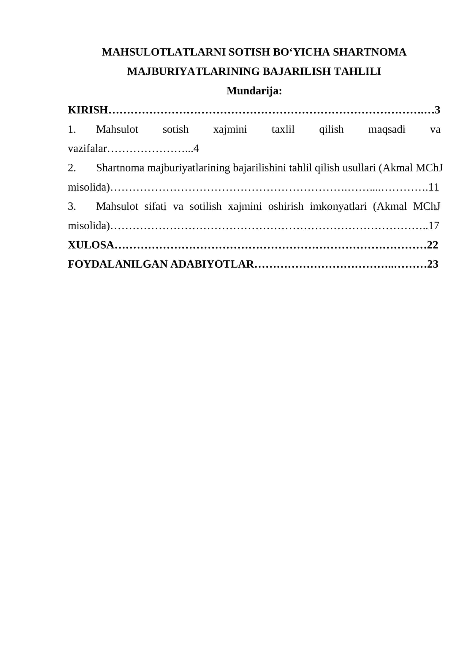 MAHSULOTLATLARNI SOTISH BO‘YICHA SHARTNOMA MAJBURIYATLARINING BAJARILISH TAHLILI
