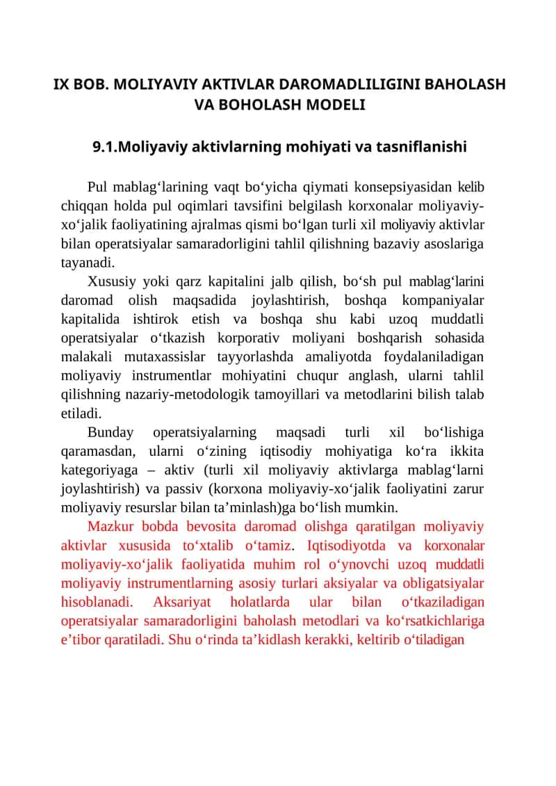 MOLIYAVIY AKTIVLAR DAROMADLILIGINI BAHOLASH VA BOHOLASH MODELI