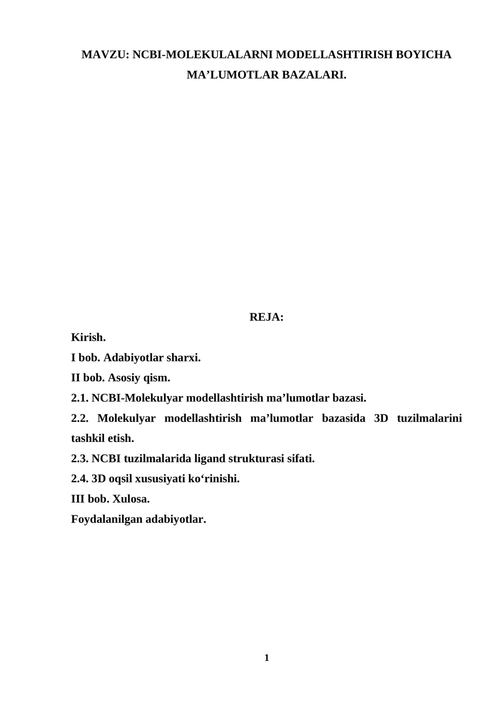 NCBI-MOLEKULALARNI MODELLASHTIRISH BOYICHA MA’LUMOTLAR BAZALARI