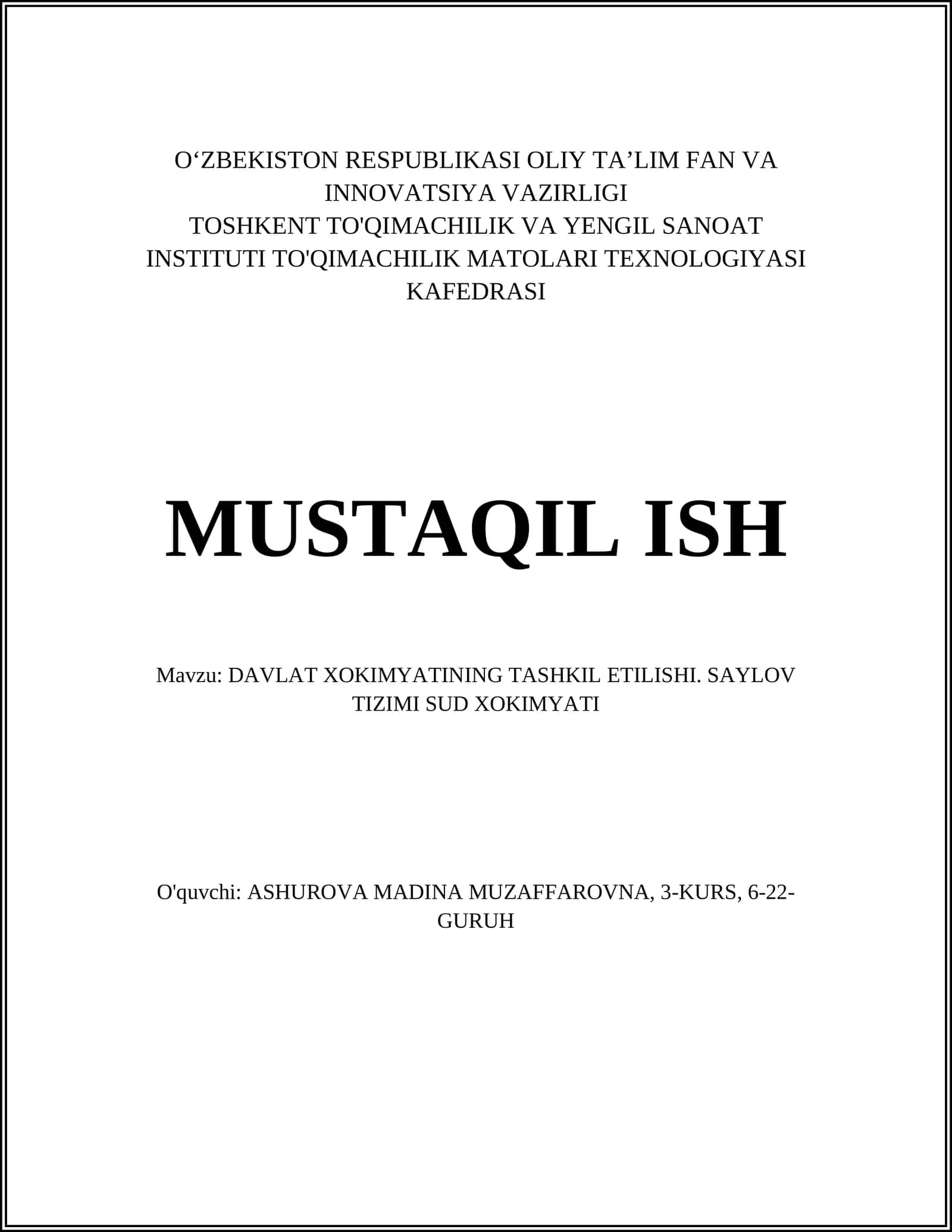 DAVLAT XOKIMYATINING TASHKIL ETILISHI. SAYLOV TIZIMI SUD XOKIMYATI