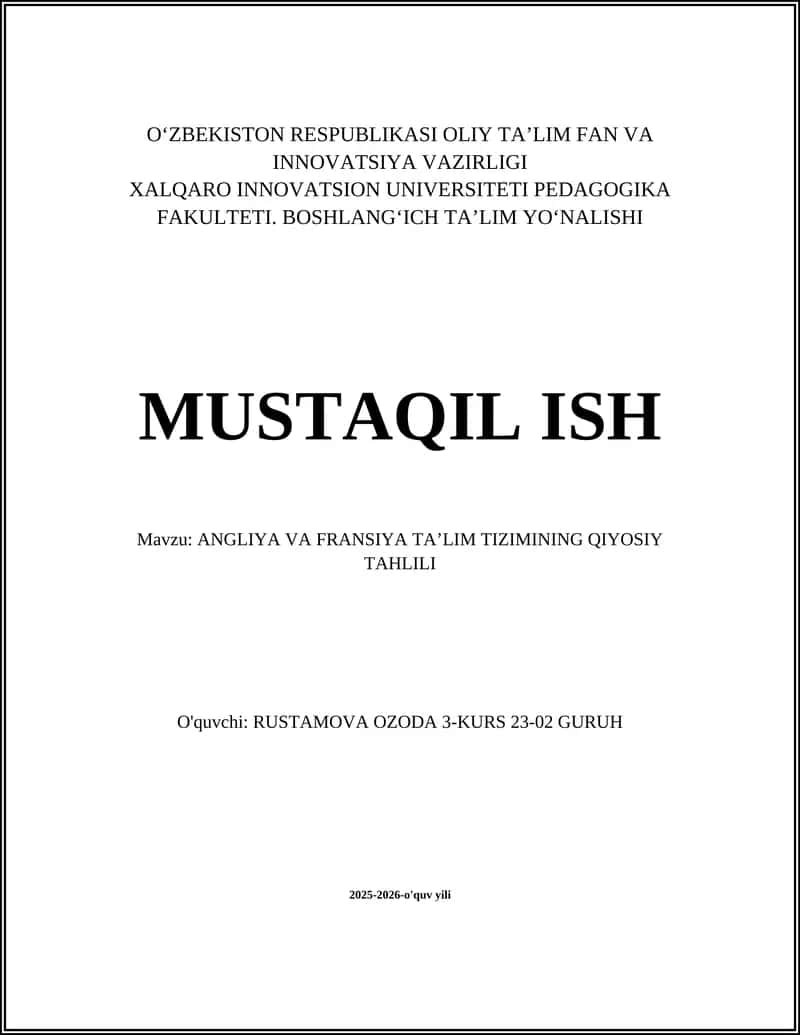 ANGLIYA VA FRANSIYA TAʼLIM TIZIMINING QIYOSIY TAHLILI
