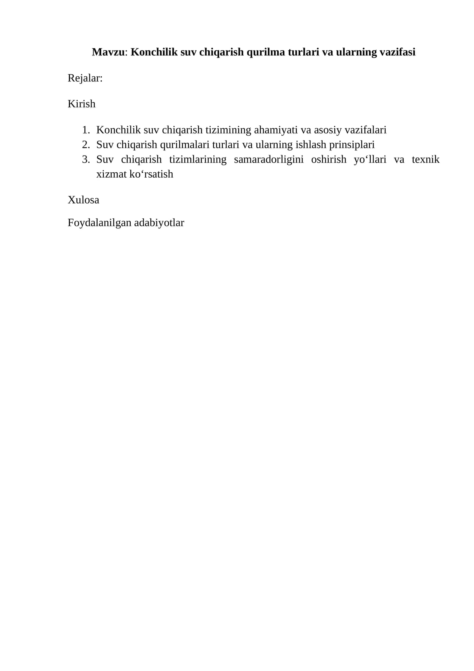 Konchilik suv chiqarish qurilma turlari va ularning vazifasi