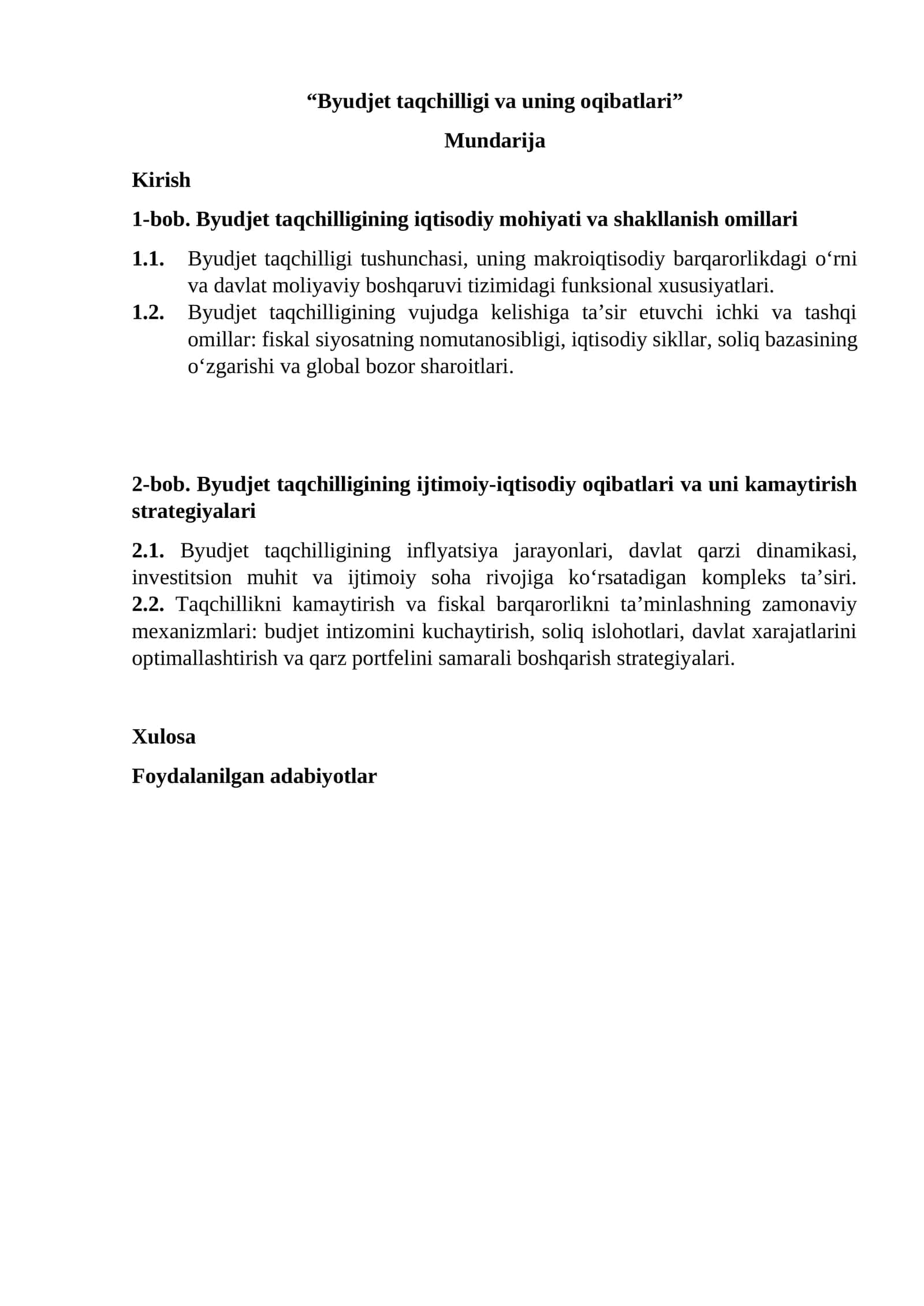 Byudjet taqchilligi va uning oqibatlari