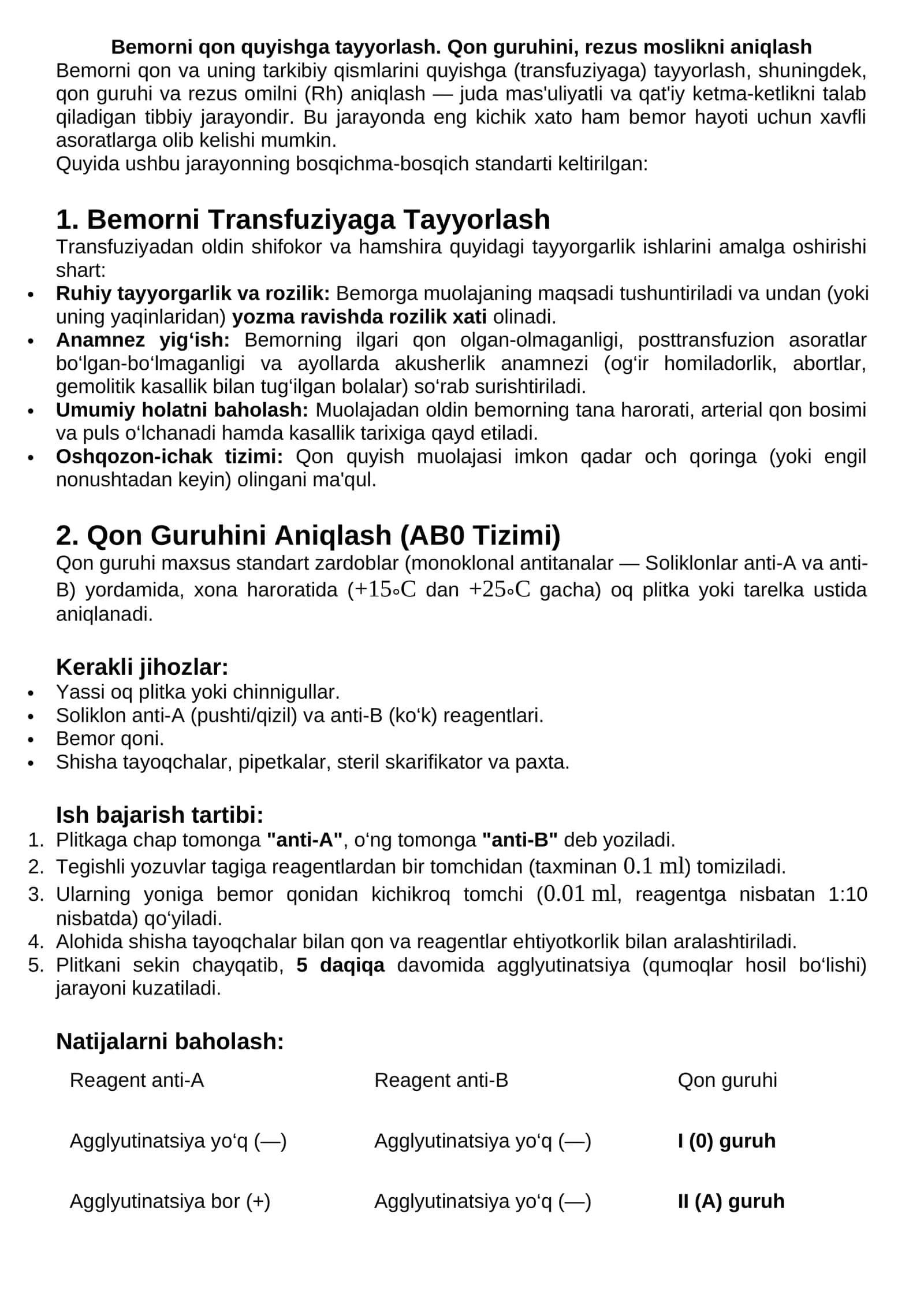 Bemorni qon quyishga tayyorlash. Qon guruhini, rezus moslikni aniqlash