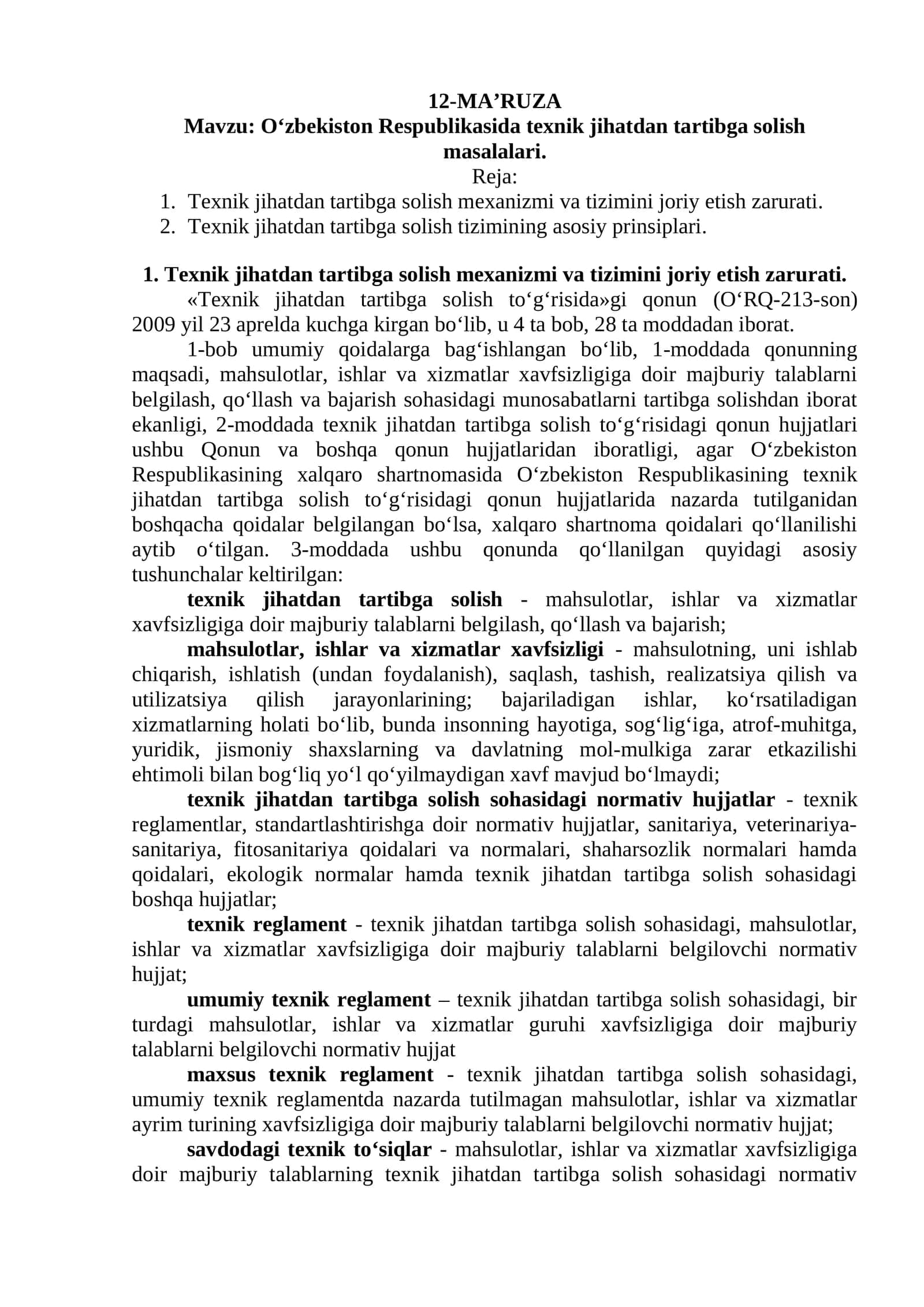 O‘zbekiston Respublikasida texnik jihatdan tartibga solish masalalari