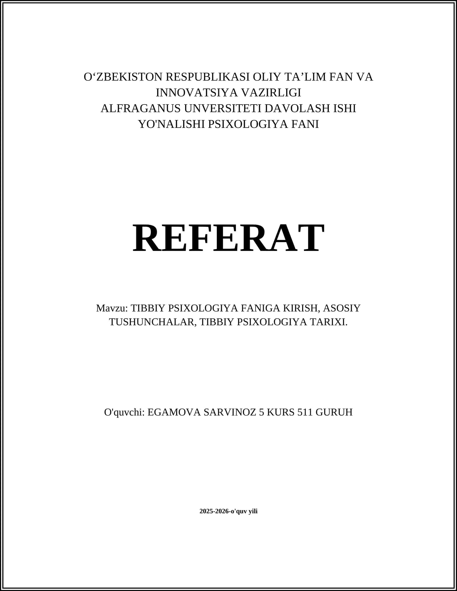 Tibbiy Psixologiya Faniga Kirish Referat