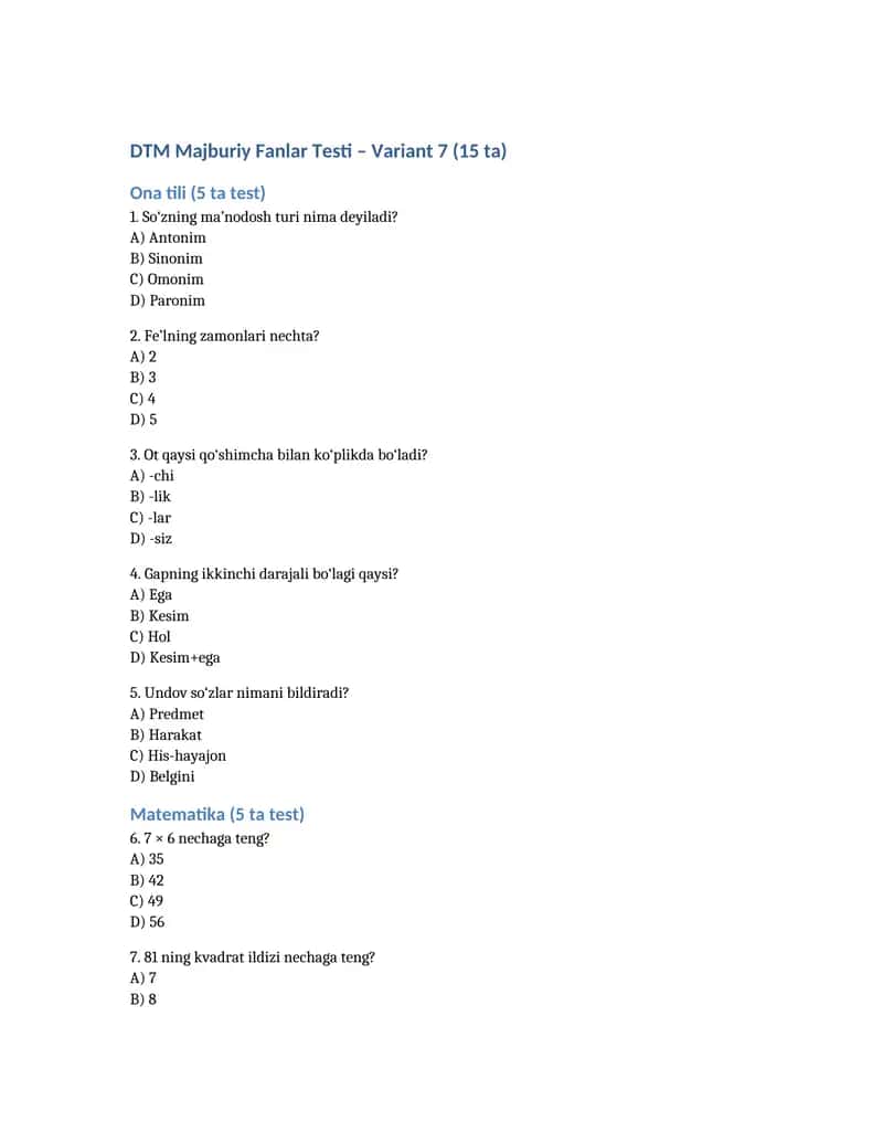 DTM majburiy 3 fan (ona tili, matematika, tarix) bo‘yicha 15 talik test Word faylda 7-namuna.