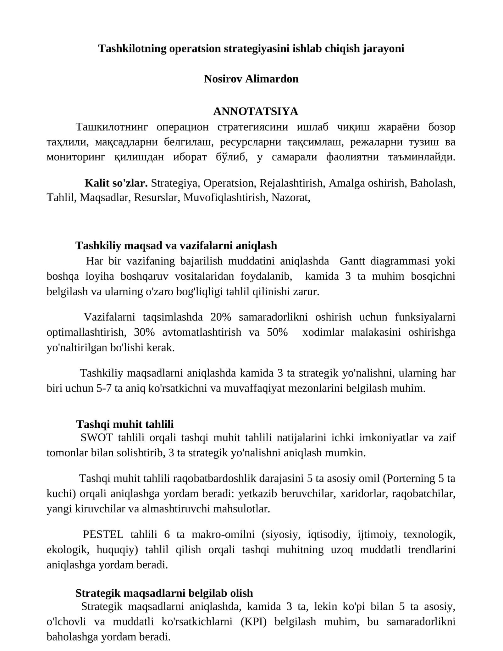 Tashkilotning operatsion strategiyasini ishlab chiqish jarayoni