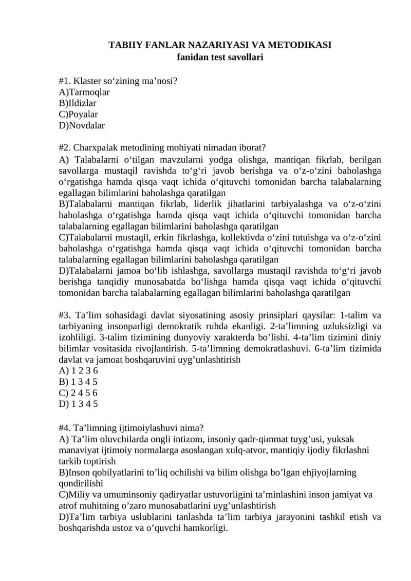 TABIIY FANLAR NAZARIYASI VA METODIKASI