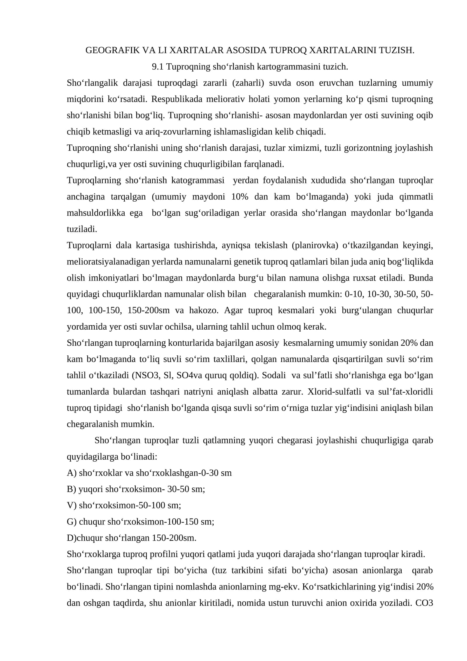 Tuproqning sho‘rlanish kartogrammasini tuzish