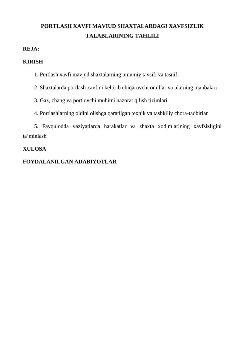 PORTLASH XAVFI MAVIUD SHAXTALARDAGI XAVFSIZLIK TALABLARINING TAHLILI