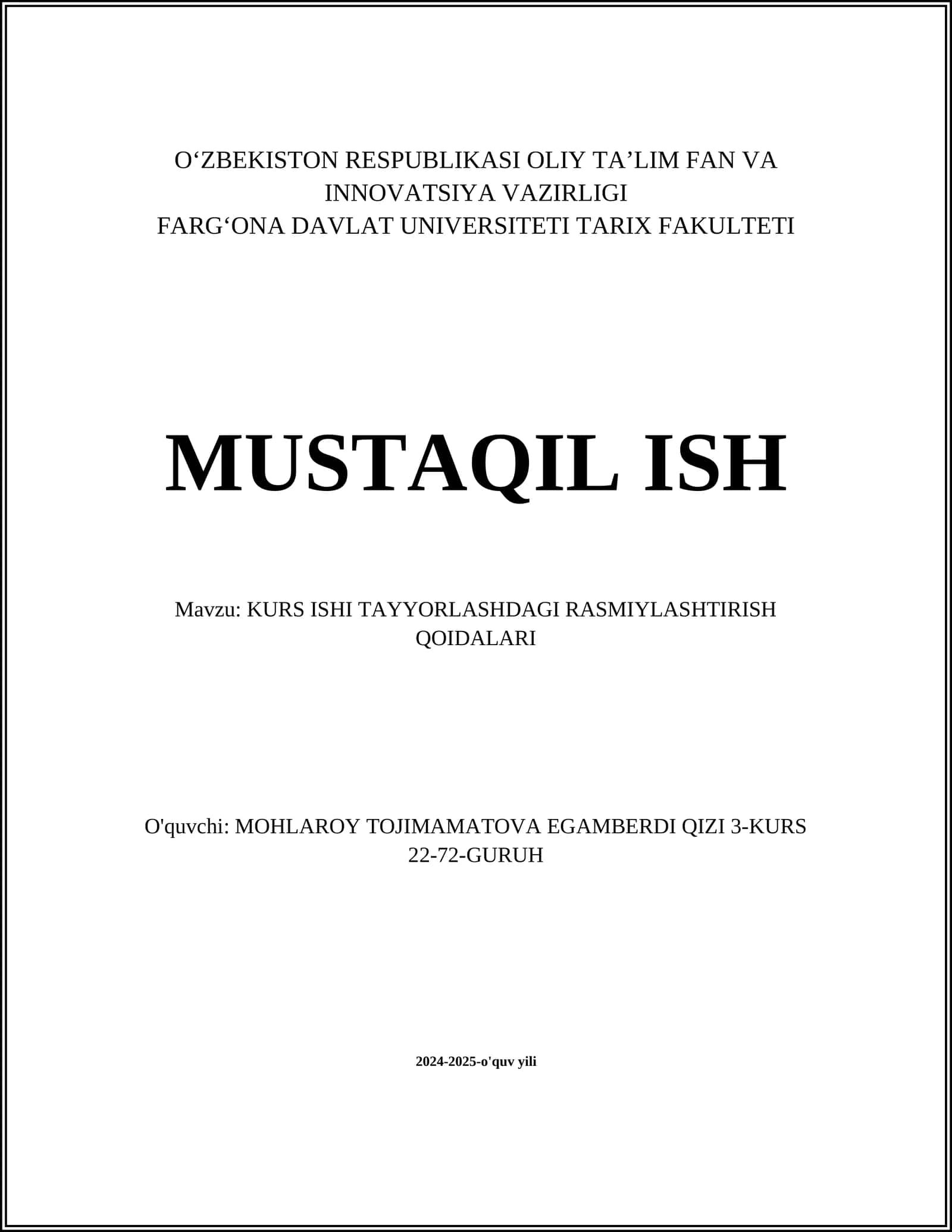 KURS ISHI TAYYORLASHDAGI RASMIYLASHTIRISH QOIDALARI