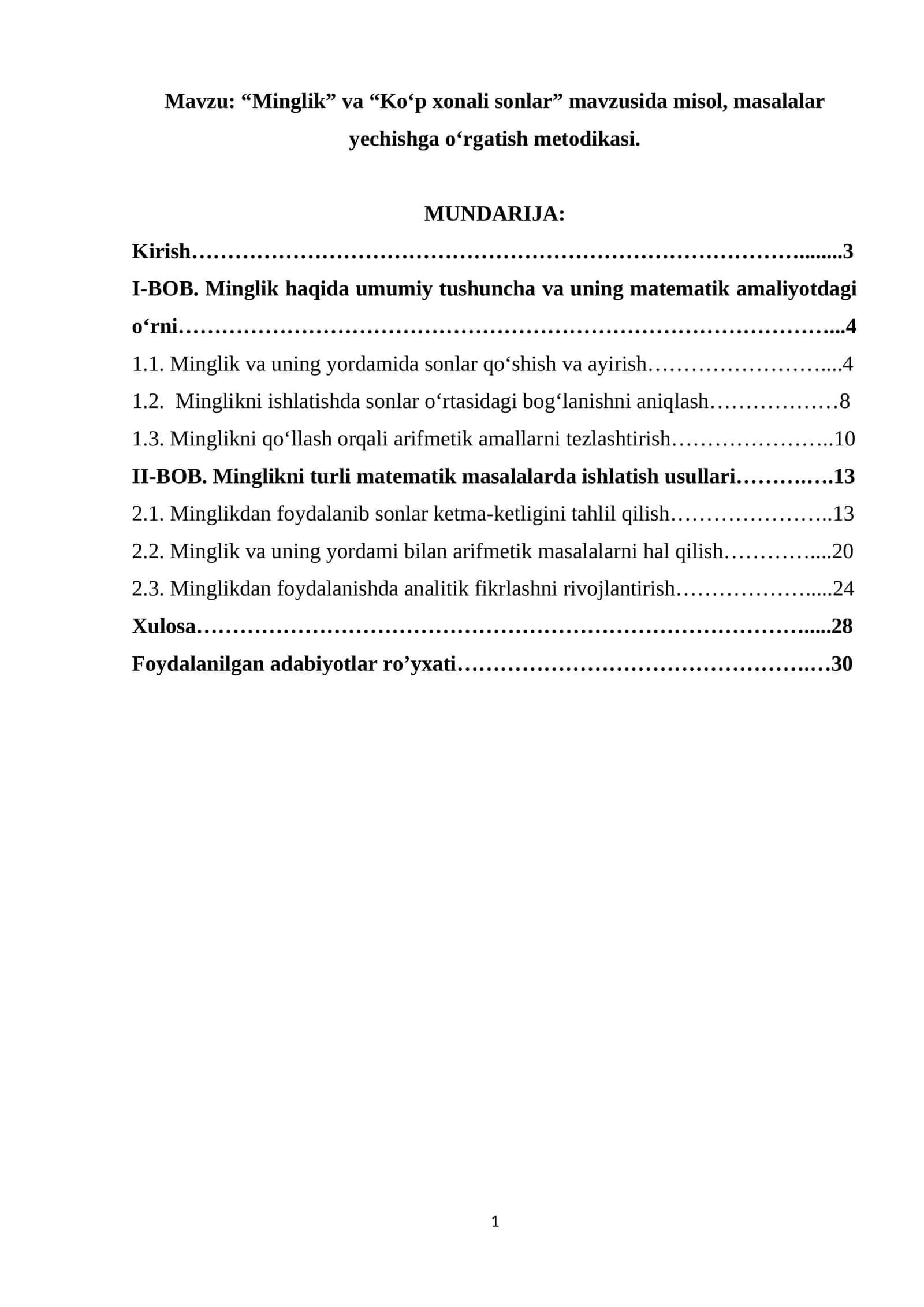 “Minglik” va “Ko‘p xonali sonlar” mavzusida misol, masalalar yechishga o‘rgatish metodikasi.