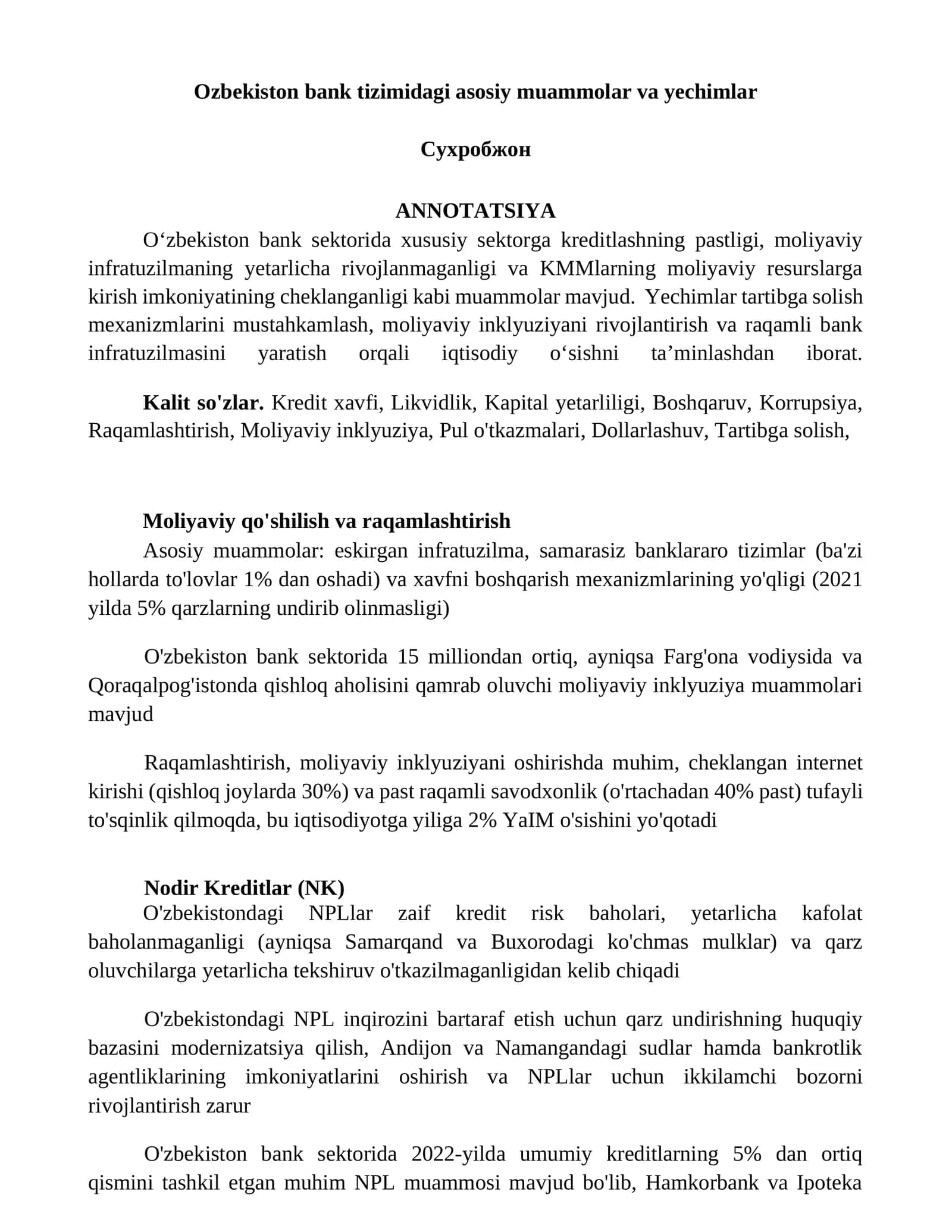 Oʻzbekiston bank tizimidagi asosiy muammolar va yechimlar