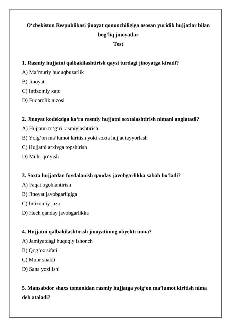 O‘zbekiston Respublikasi jinoyat qonunchiligiga asosan yuridik hujjatlar bilan bog‘liq jinoyatlar