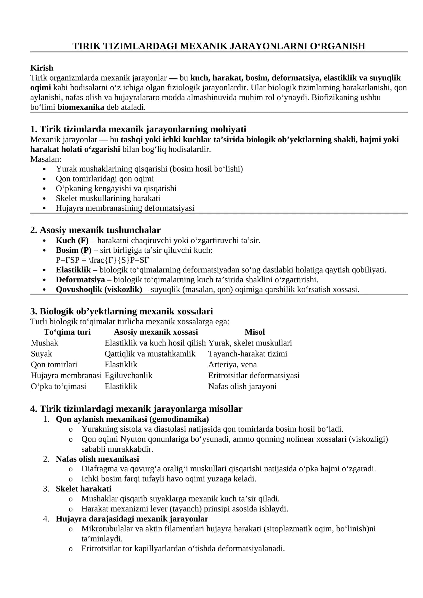 TIRIK TIZIMLARDAGI MEXANIK JARAYONLARNI O‘RGANISH