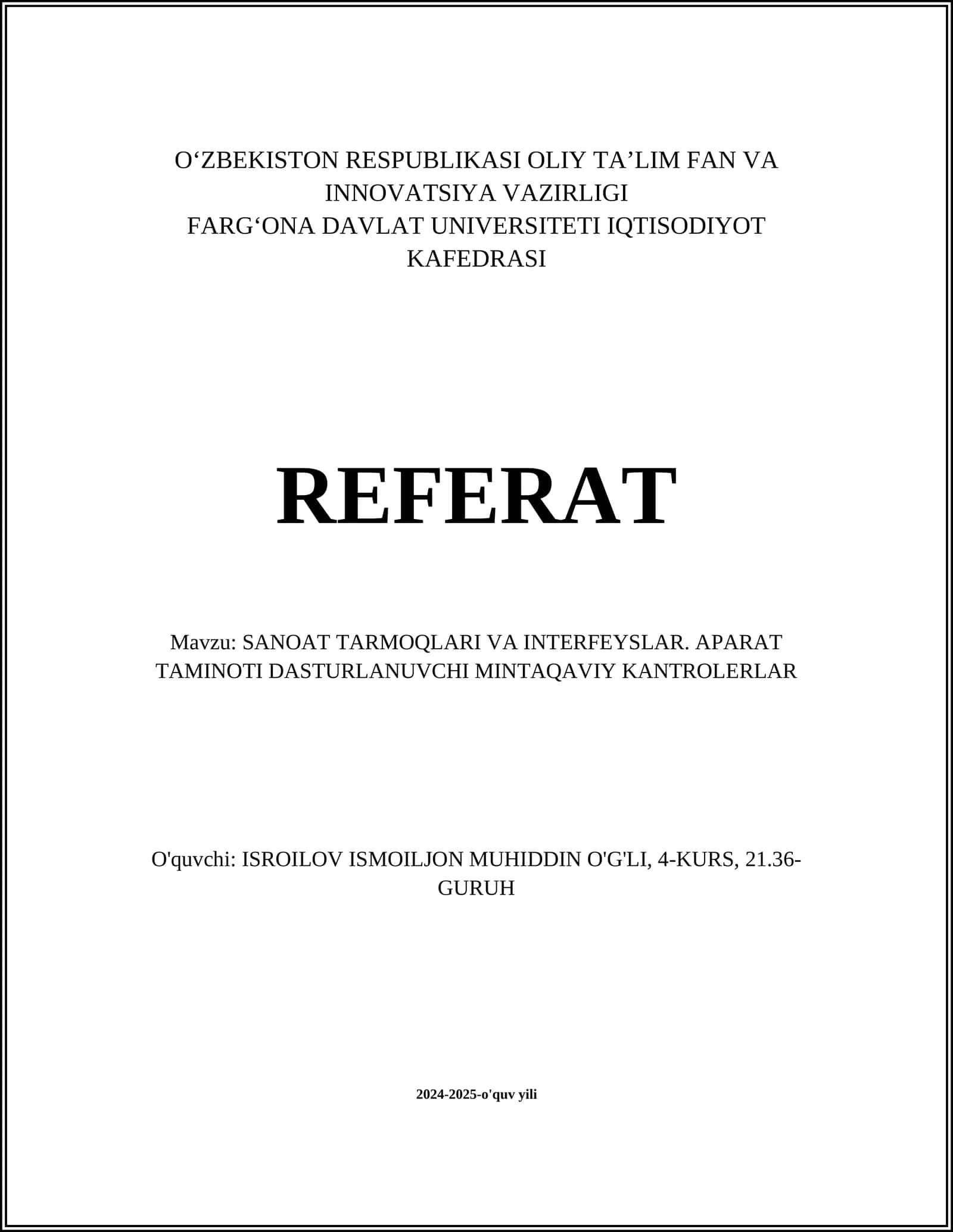 Sanoat Tarmoqlari va Interfeyslar Referat