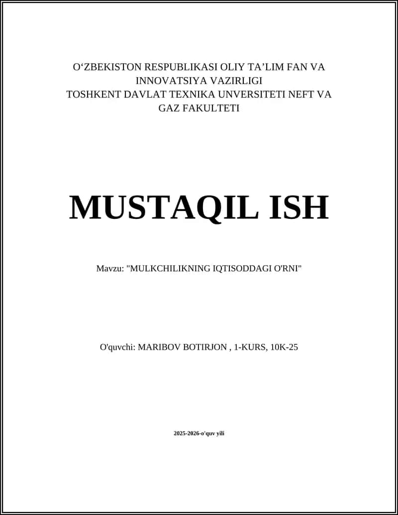 MULKCHILIKNING IQTISODDAGI O'RNI