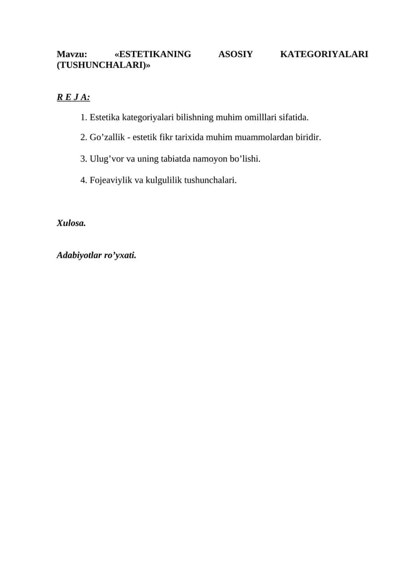 ESTETIKANING ASOSIY KATEGORIYALARI (TUSHUNCHALARI)