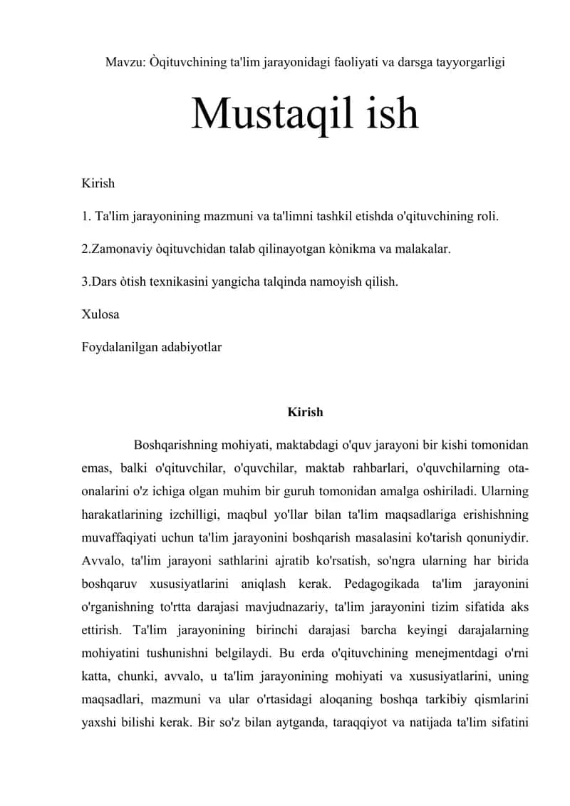 Òqituvchining ta'lim jarayonidagi faoliyati va darsga tayyorgarligi
