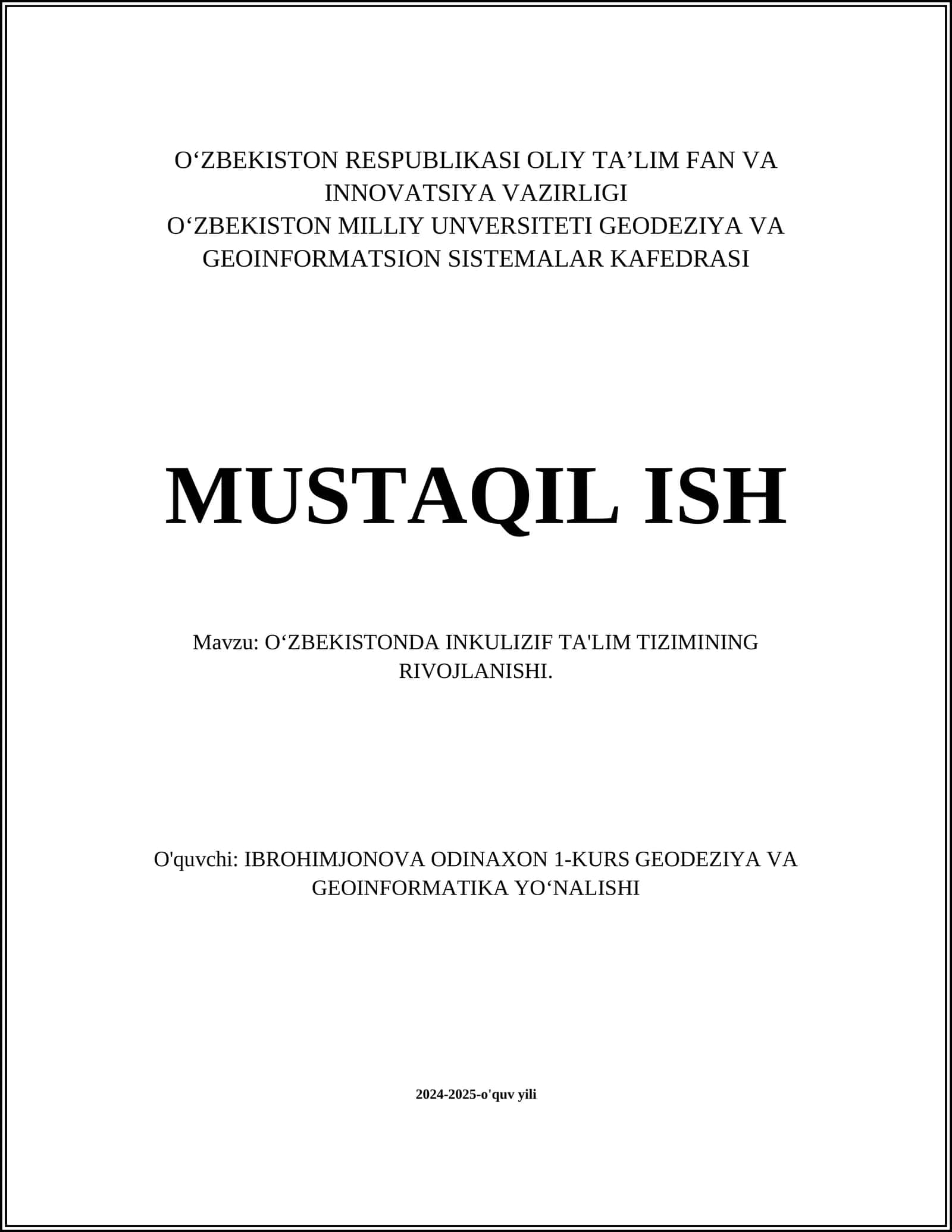 OʻZBEKISTONDA INKULIZIF TA'LIM TIZIMINING RIVOJLANISHI