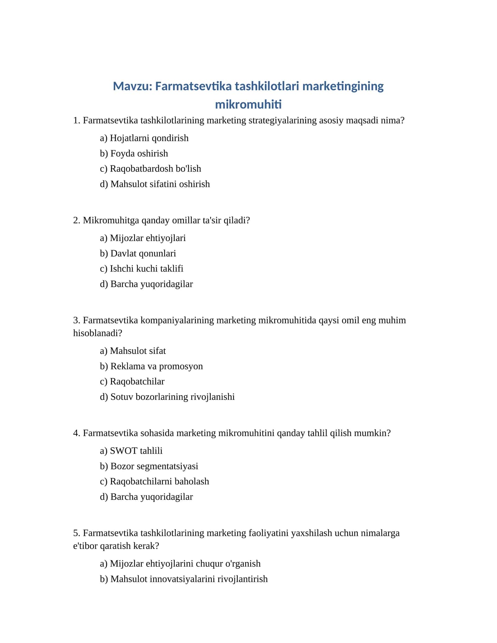 Farmatsevtika tashkilotlari marketingining mikromuhiti
