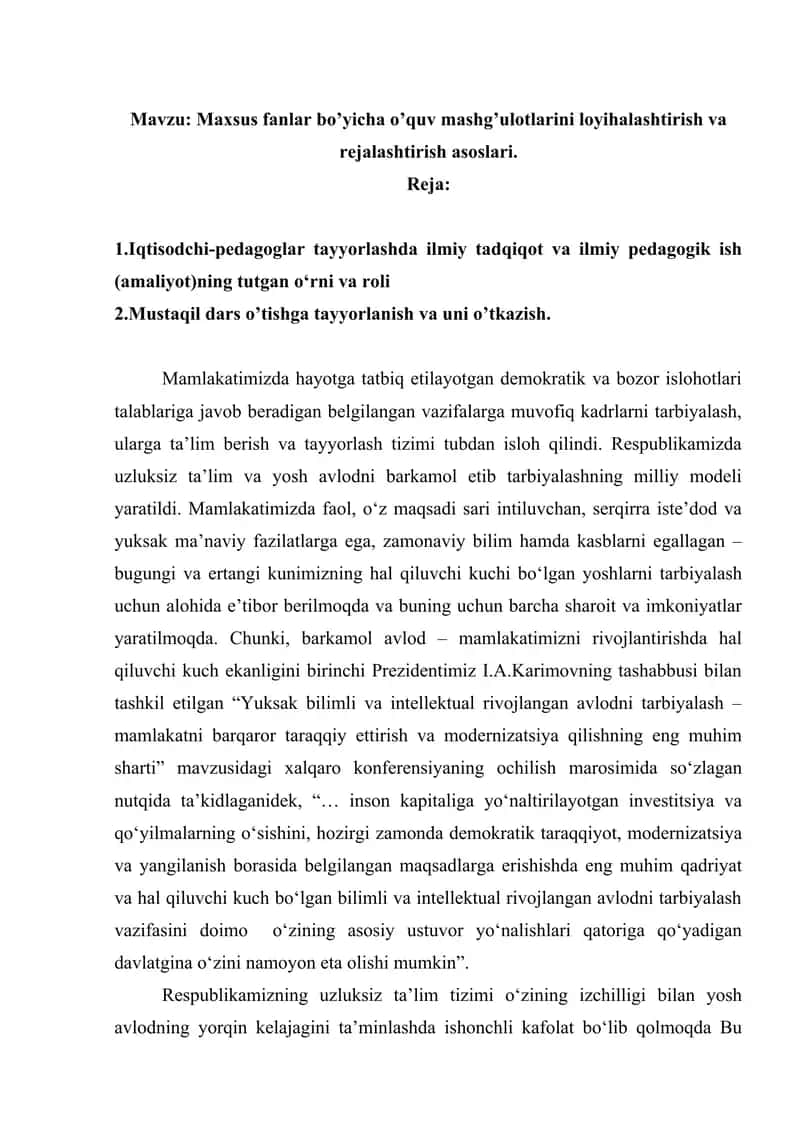 Maxsus fanlar bo’yicha o’quv mashg’ulotlarini loyihalashtirish va rejalashtirish asoslari