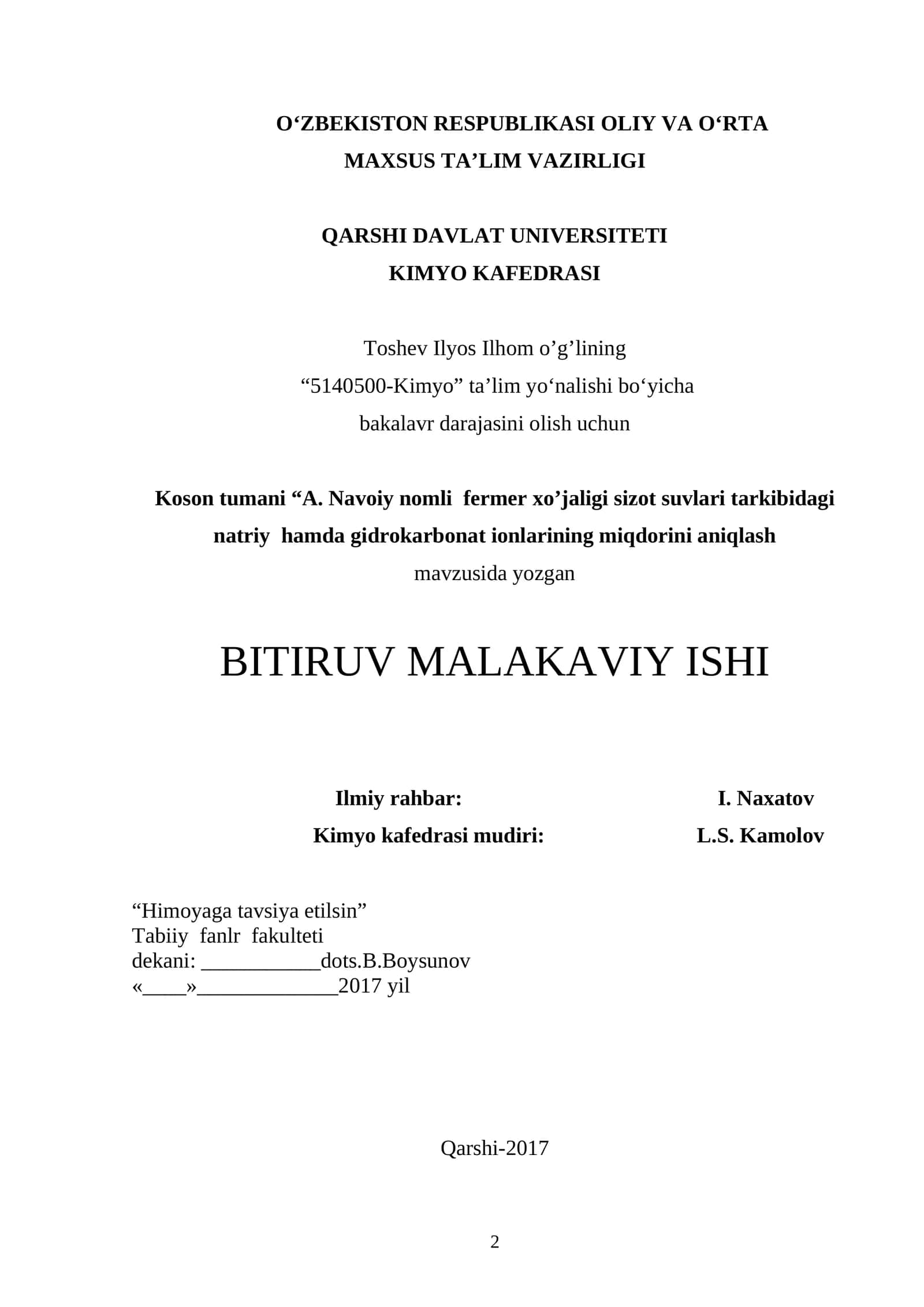 Koson tumani “A. Navoiy nomli fermer xo’jaligi sizot suvlari tarkibidagi natriy hamda gidrokarbonat ionlarining miqdorini aniqlash