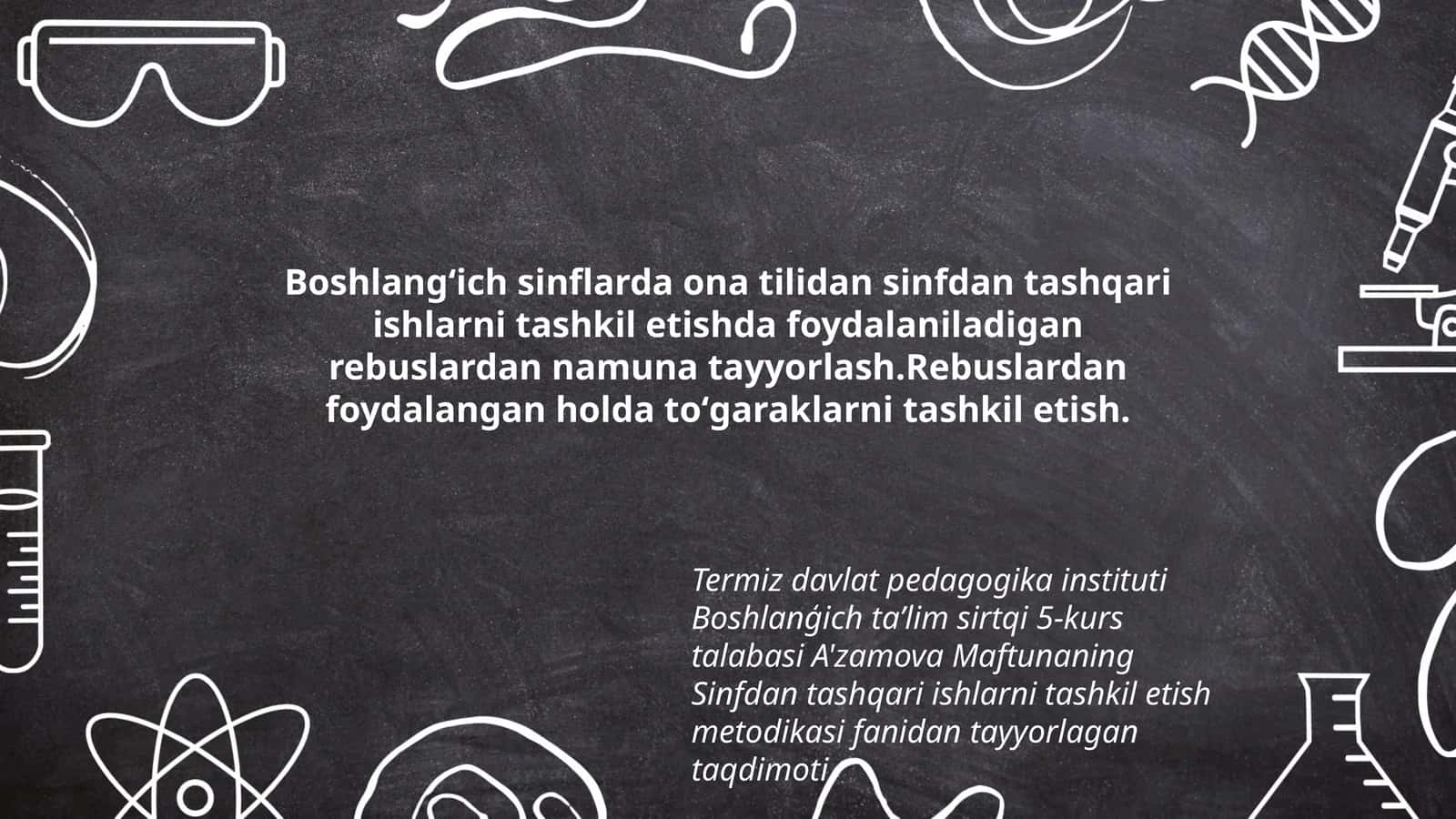 A'zamova Maftunaning Sinfdan Tashqari Ishlarni Tashkil Etish Metodikasi Fanidan Tayyorlagan Taqdimoti