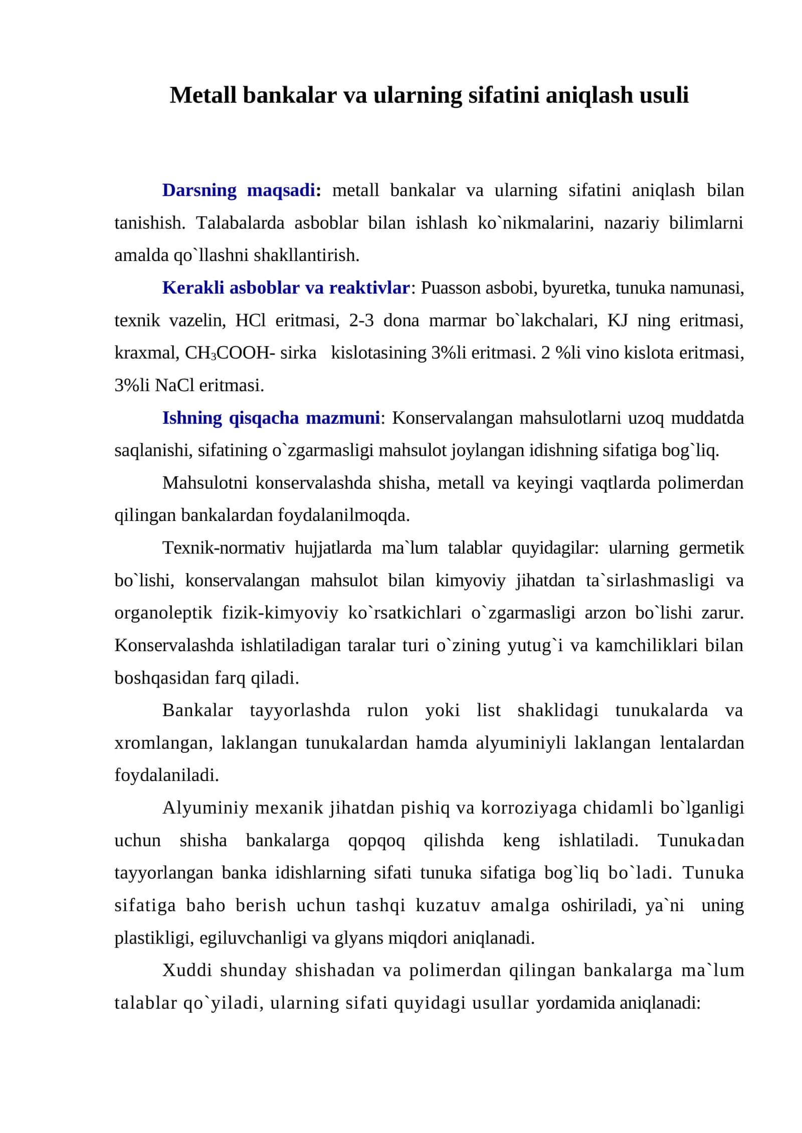 Metall bankalar va ularning sifatini aniqlash usuli